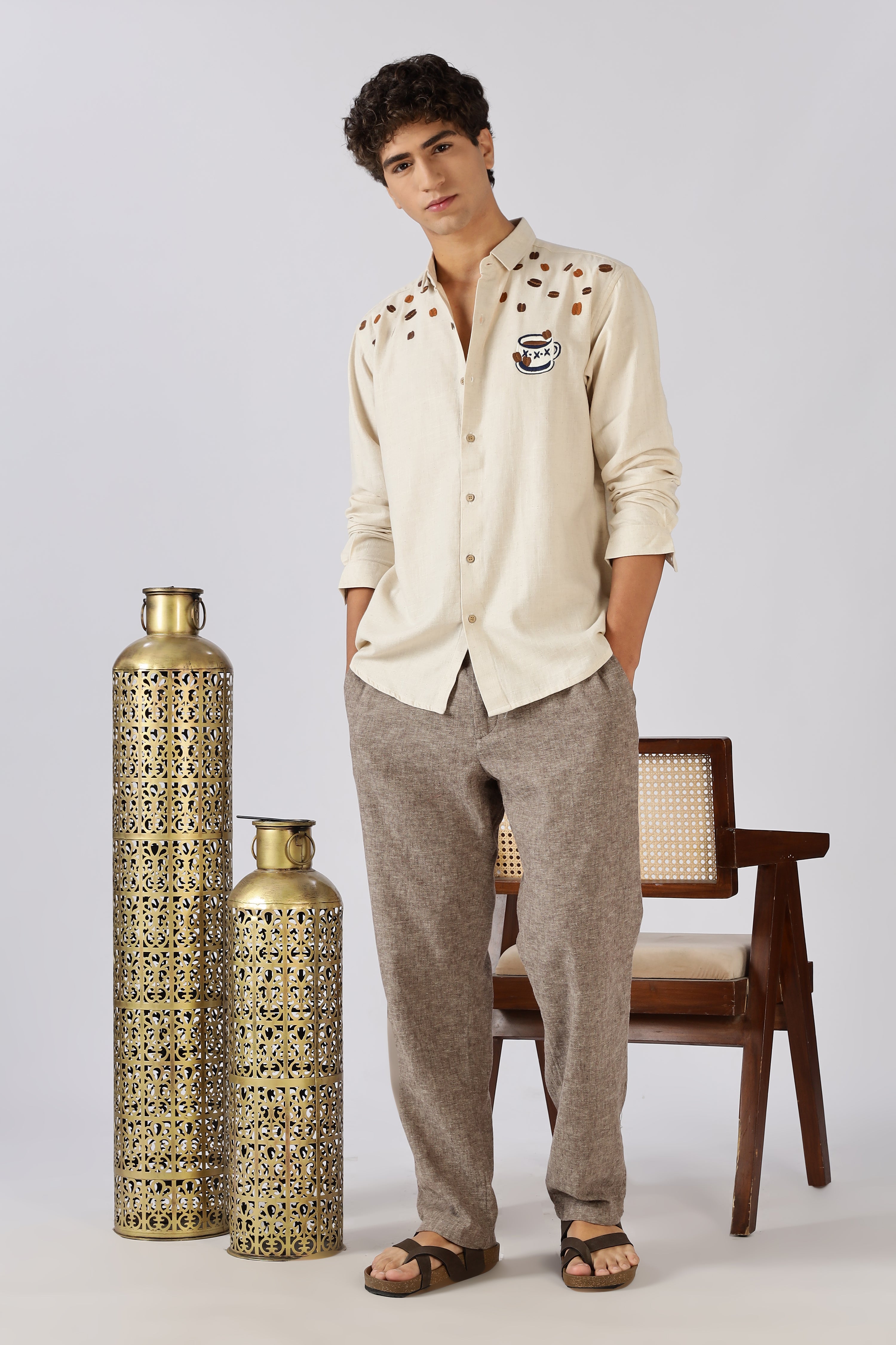 Morning Brew Cotton Regular Fit Beige Embroidered Shirt