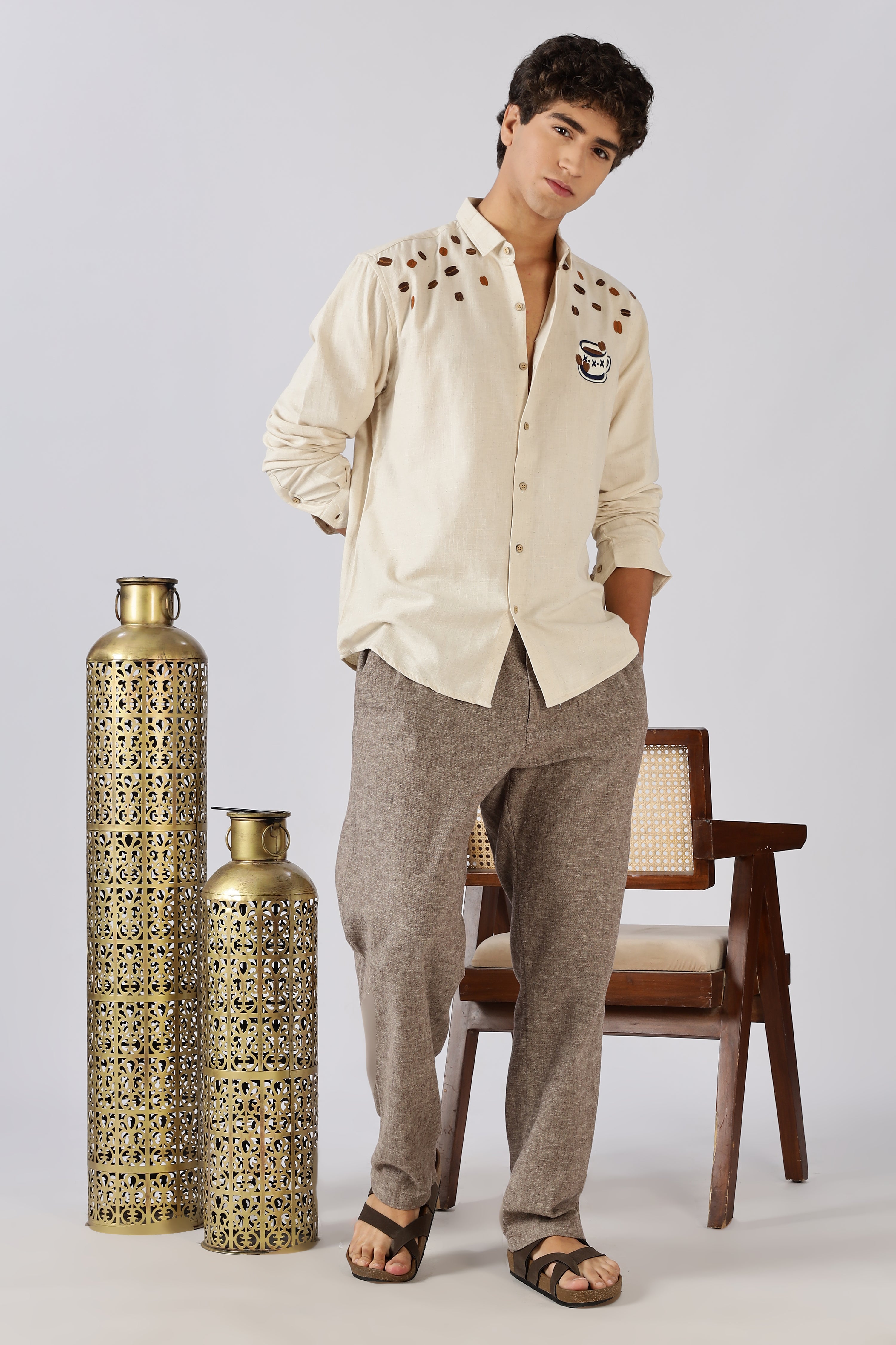 Morning Brew Cotton Regular Fit Beige Embroidered Shirt