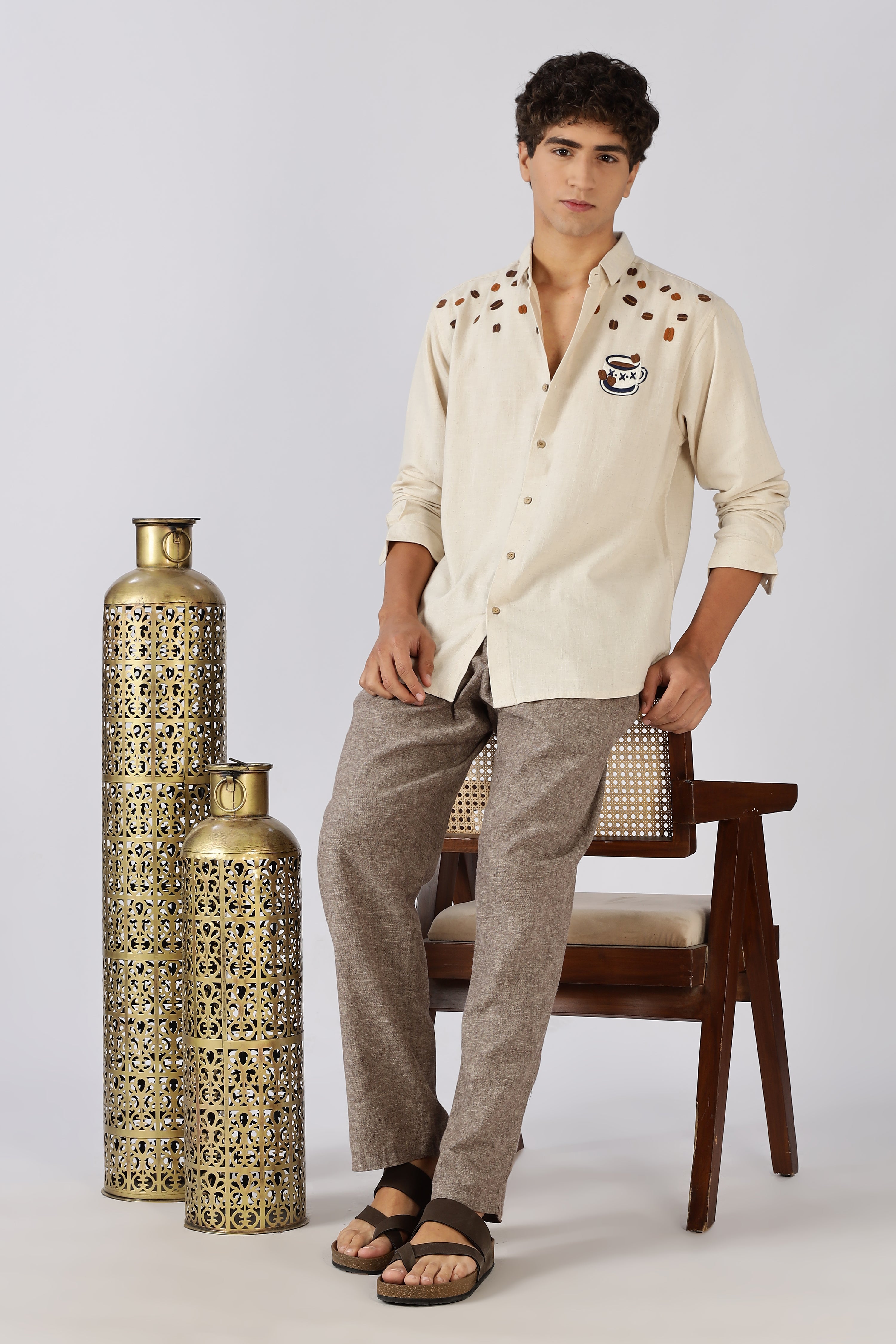 Morning Brew Cotton Regular Fit Beige Embroidered Shirt