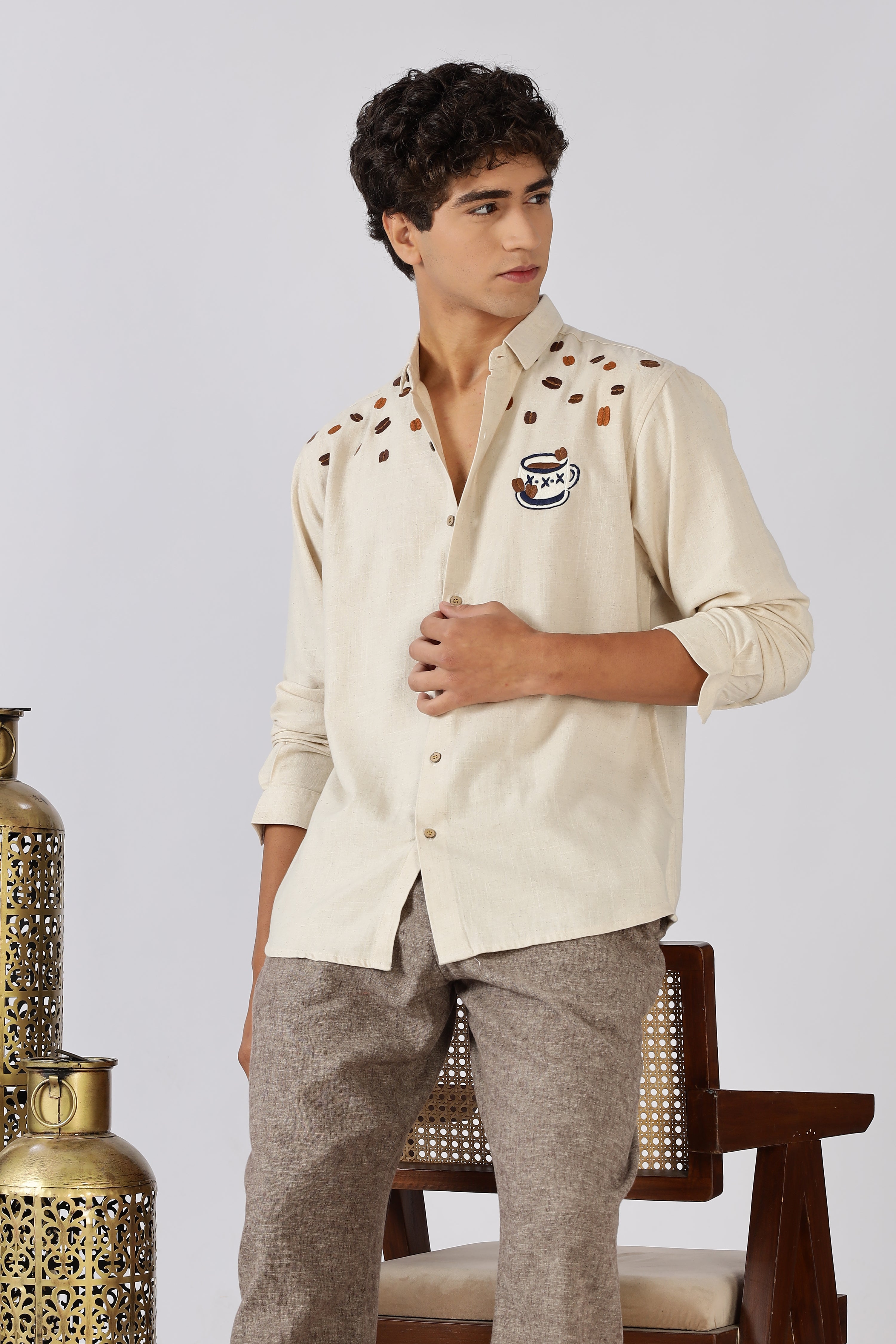 Morning Brew Cotton Regular Fit Beige Embroidered Shirt