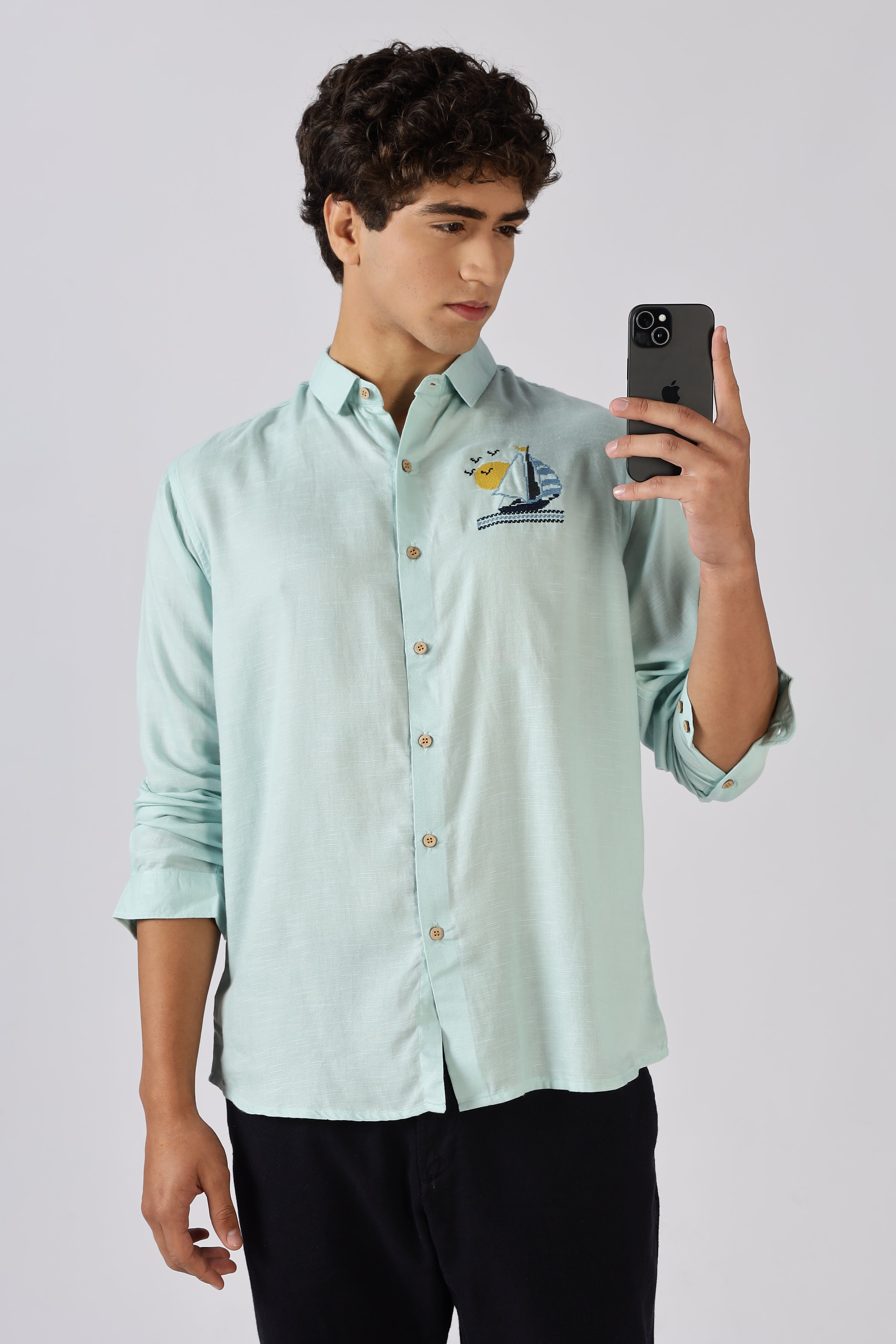 Sailboat Mint Embroidered Cotton Shirt
