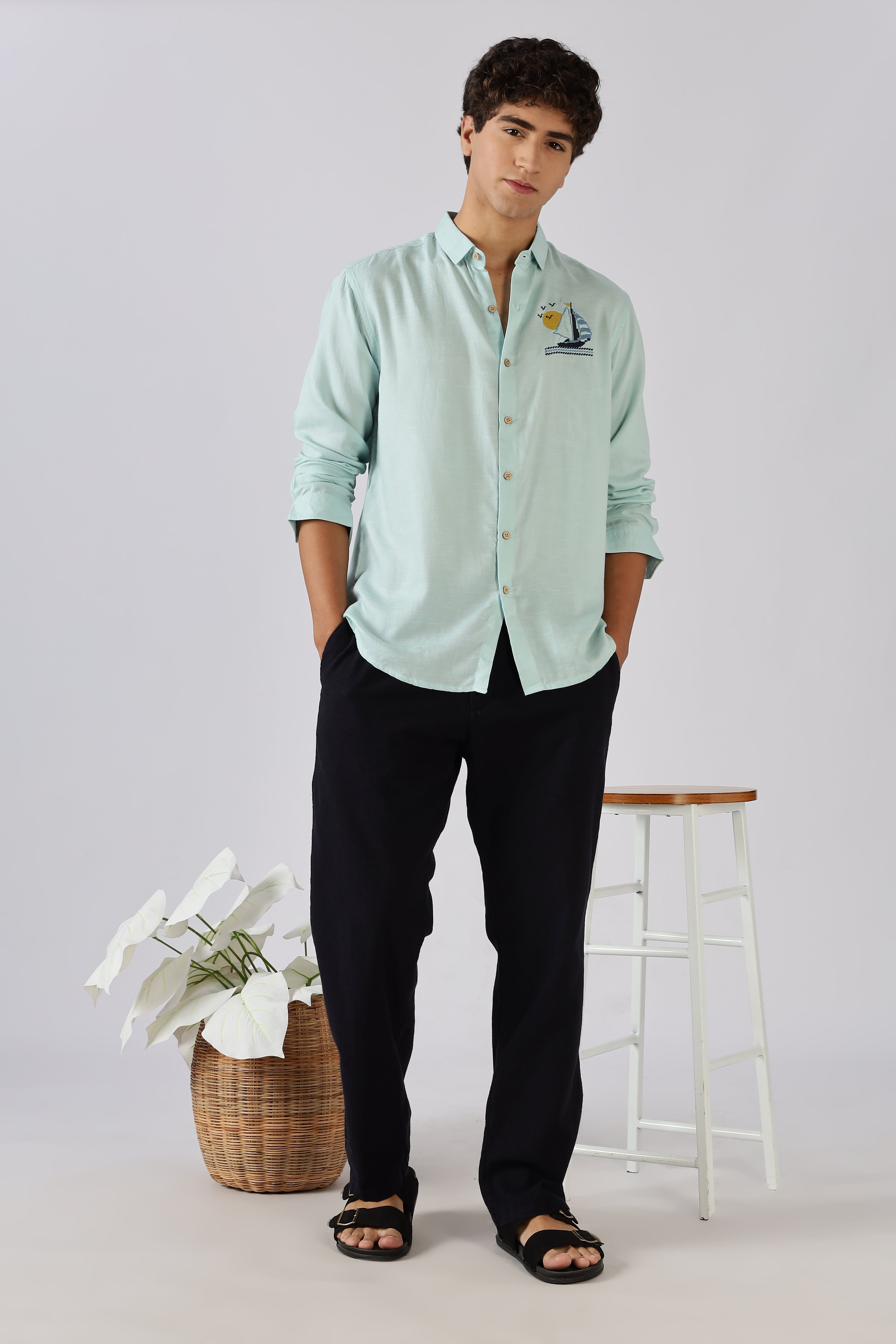 Sailboat Mint Embroidered Cotton Shirt