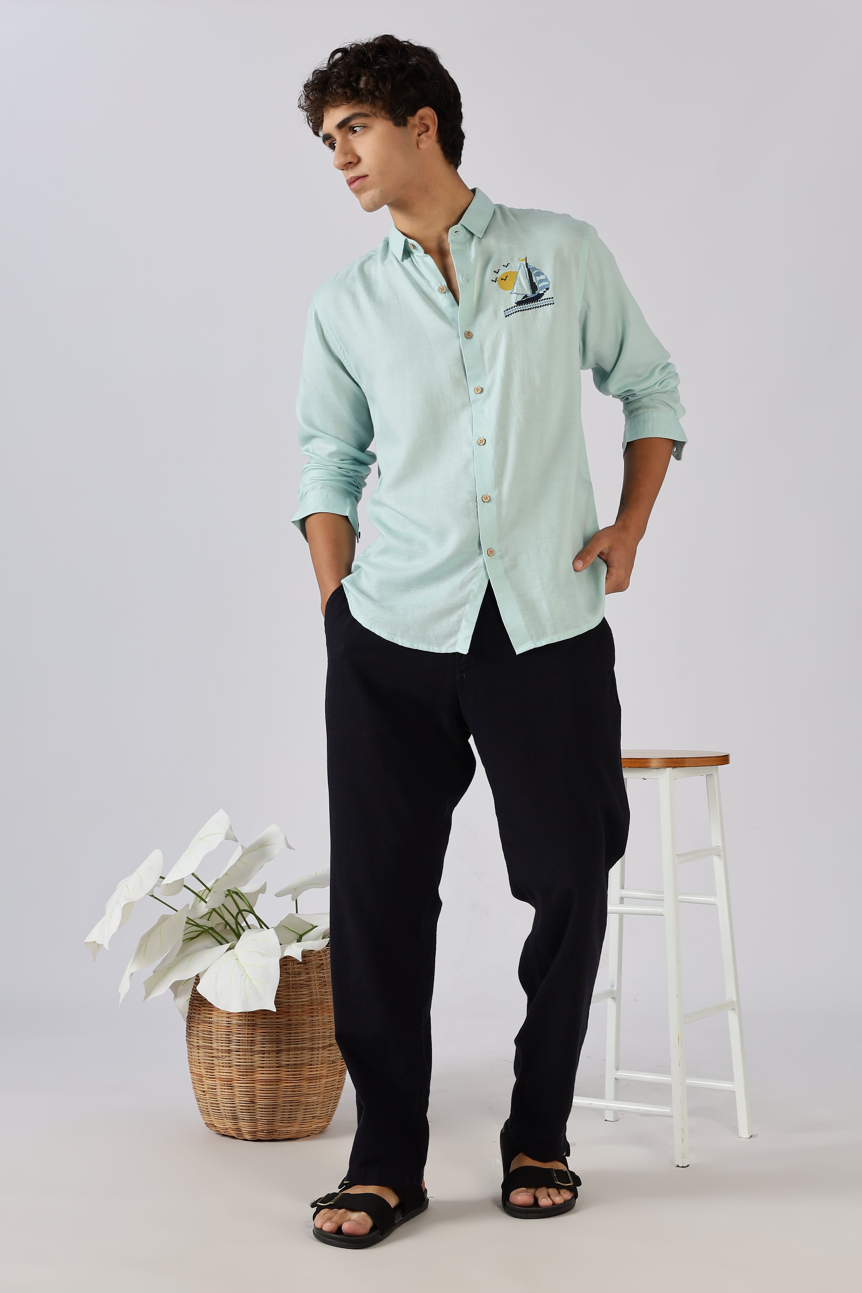 Sailboat Mint Embroidered Cotton Shirt