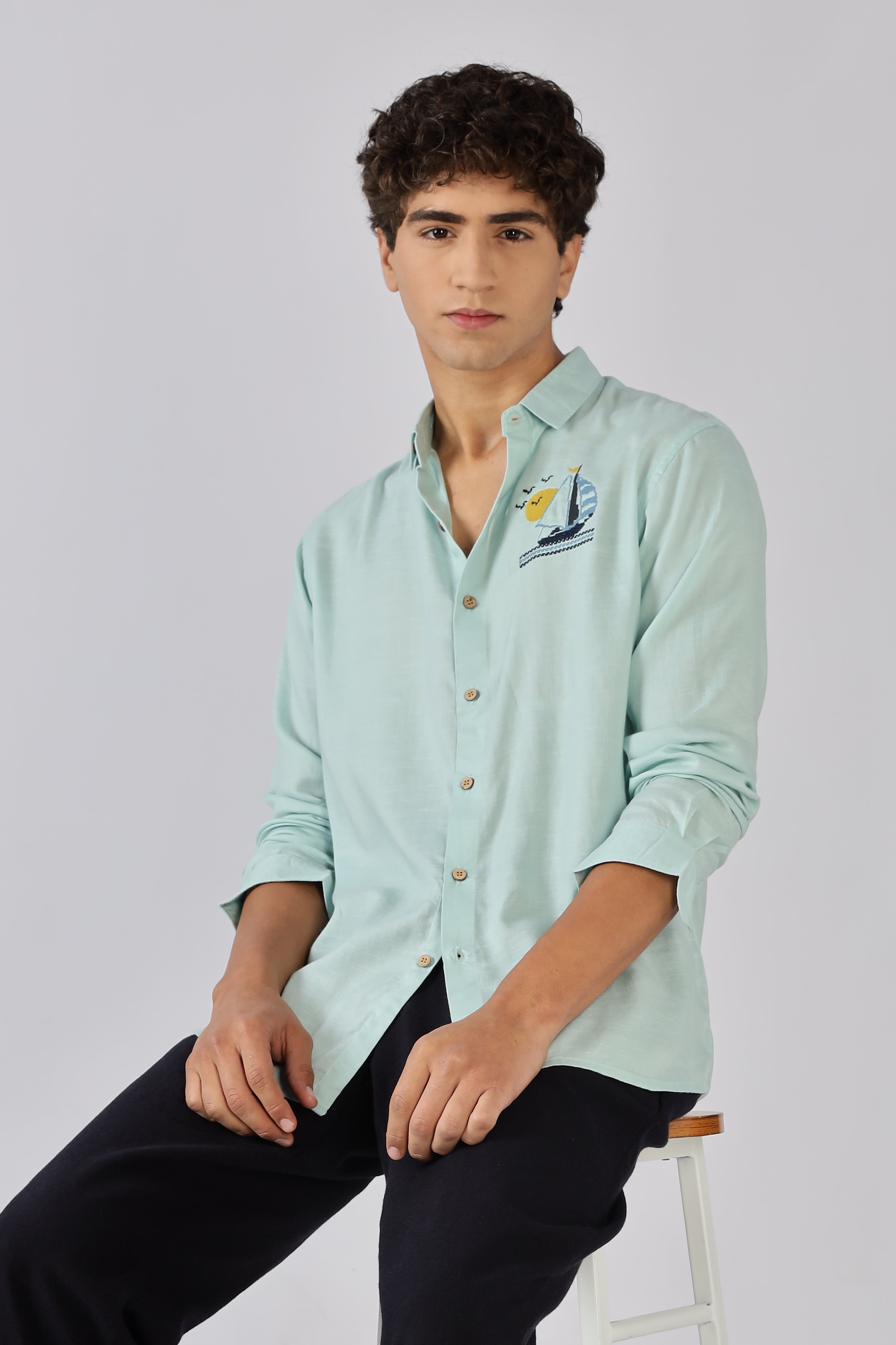 Sailboat Mint Embroidered Cotton Shirt