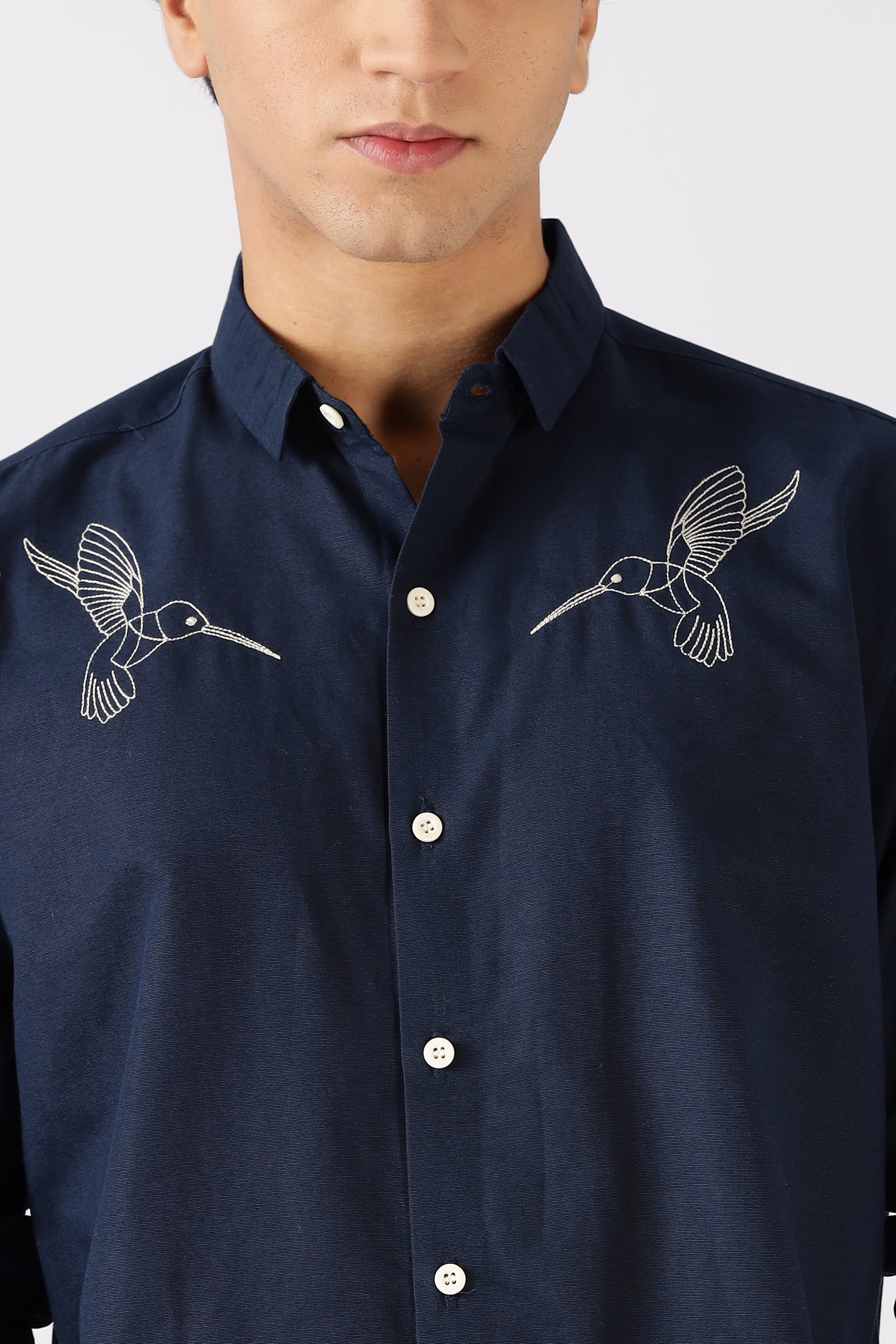 Hummingbird 100% Cotton Regular Fit Navy Embroidered Shirt