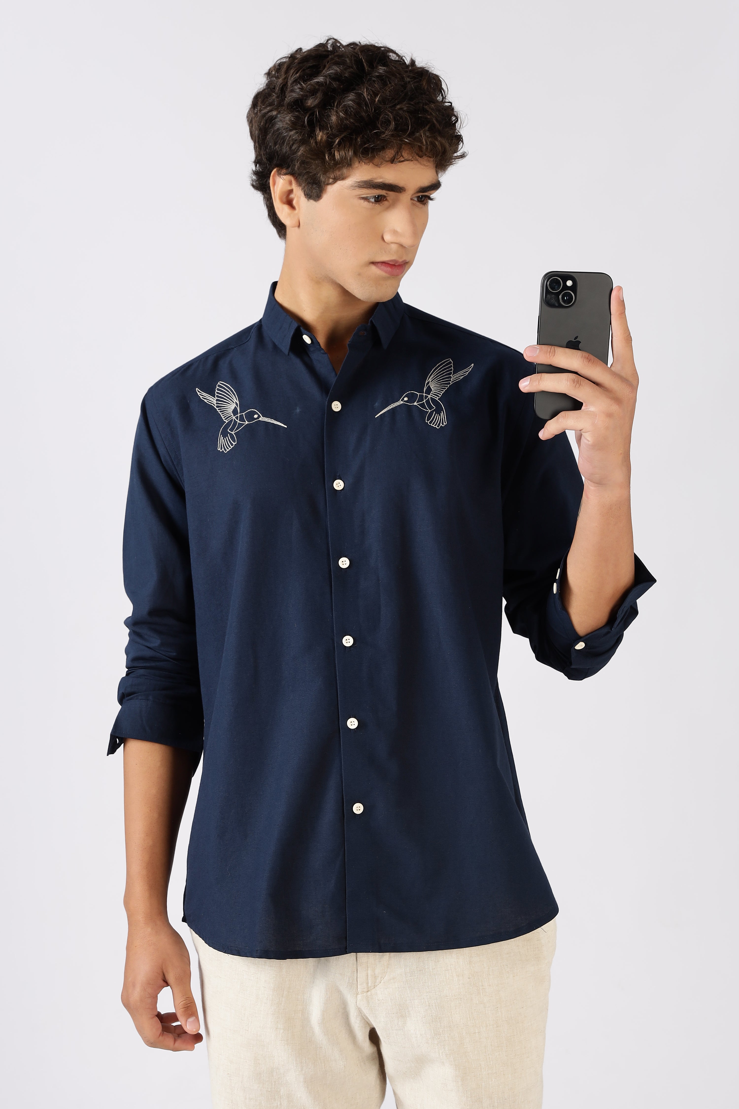 Hummingbird 100% Cotton Regular Fit Navy Embroidered Shirt