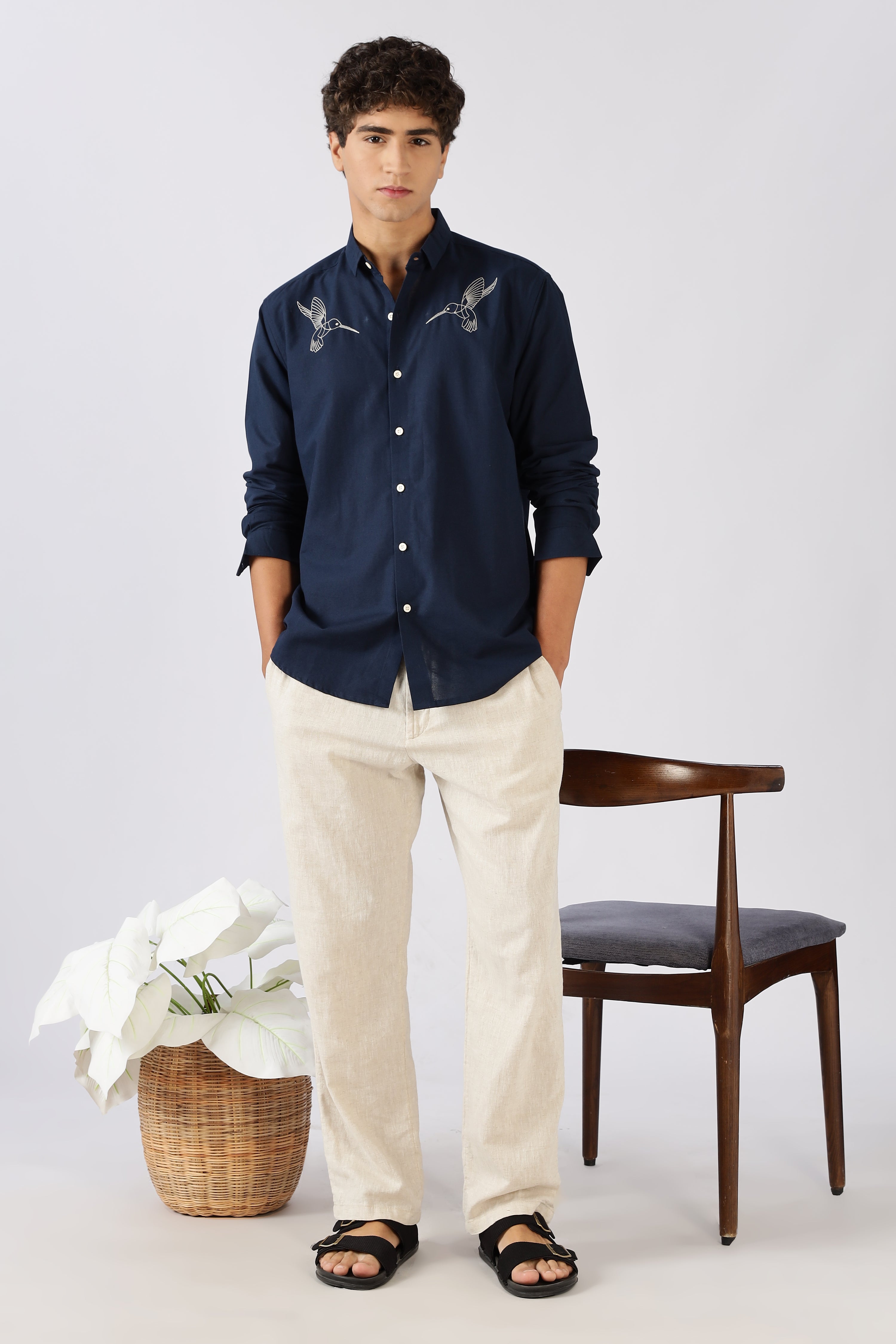 Hummingbird 100% Cotton Regular Fit Navy Embroidered Shirt