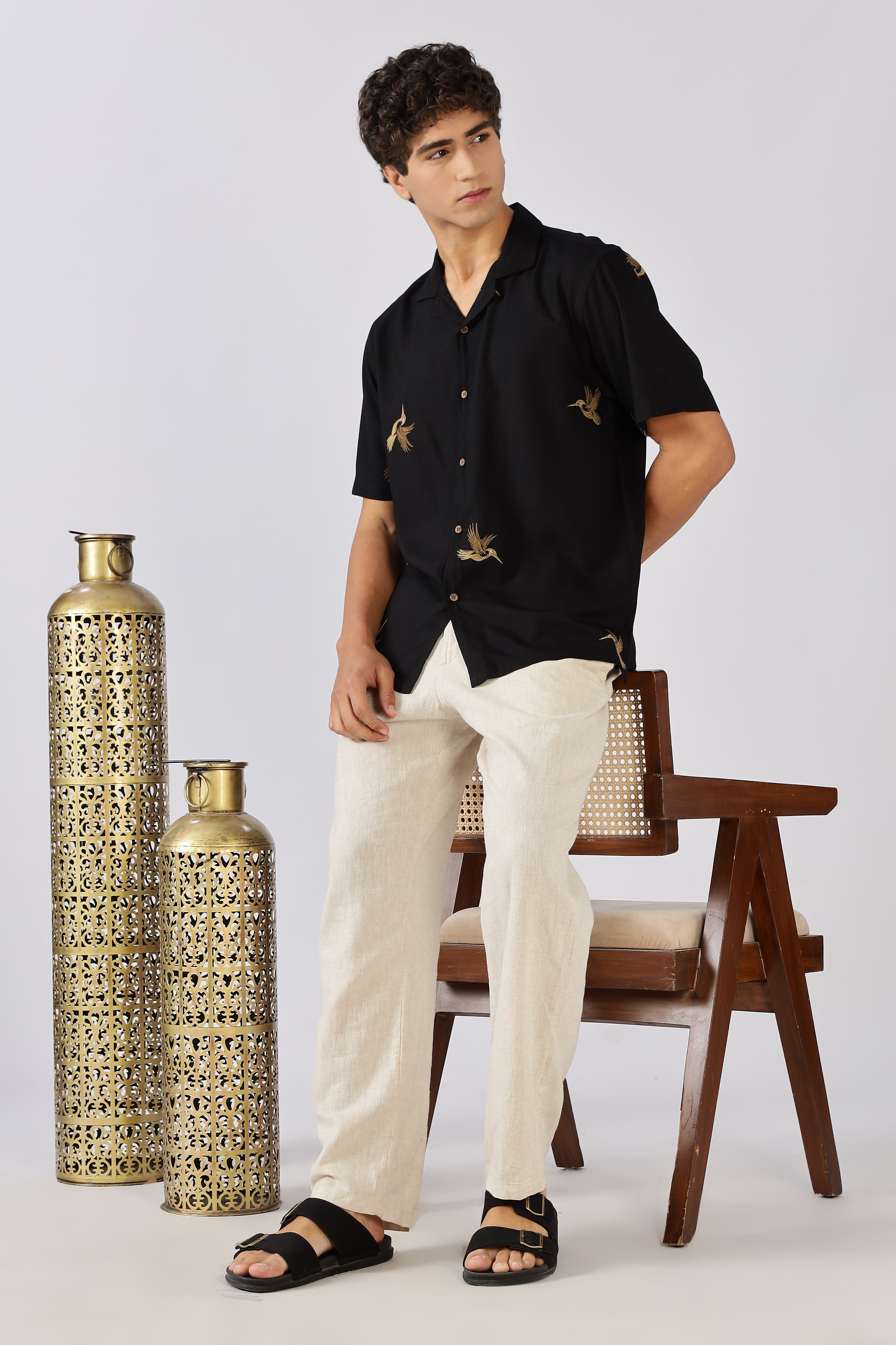 Golden Flight Cotton Box Fit Black Embroidered Shirt