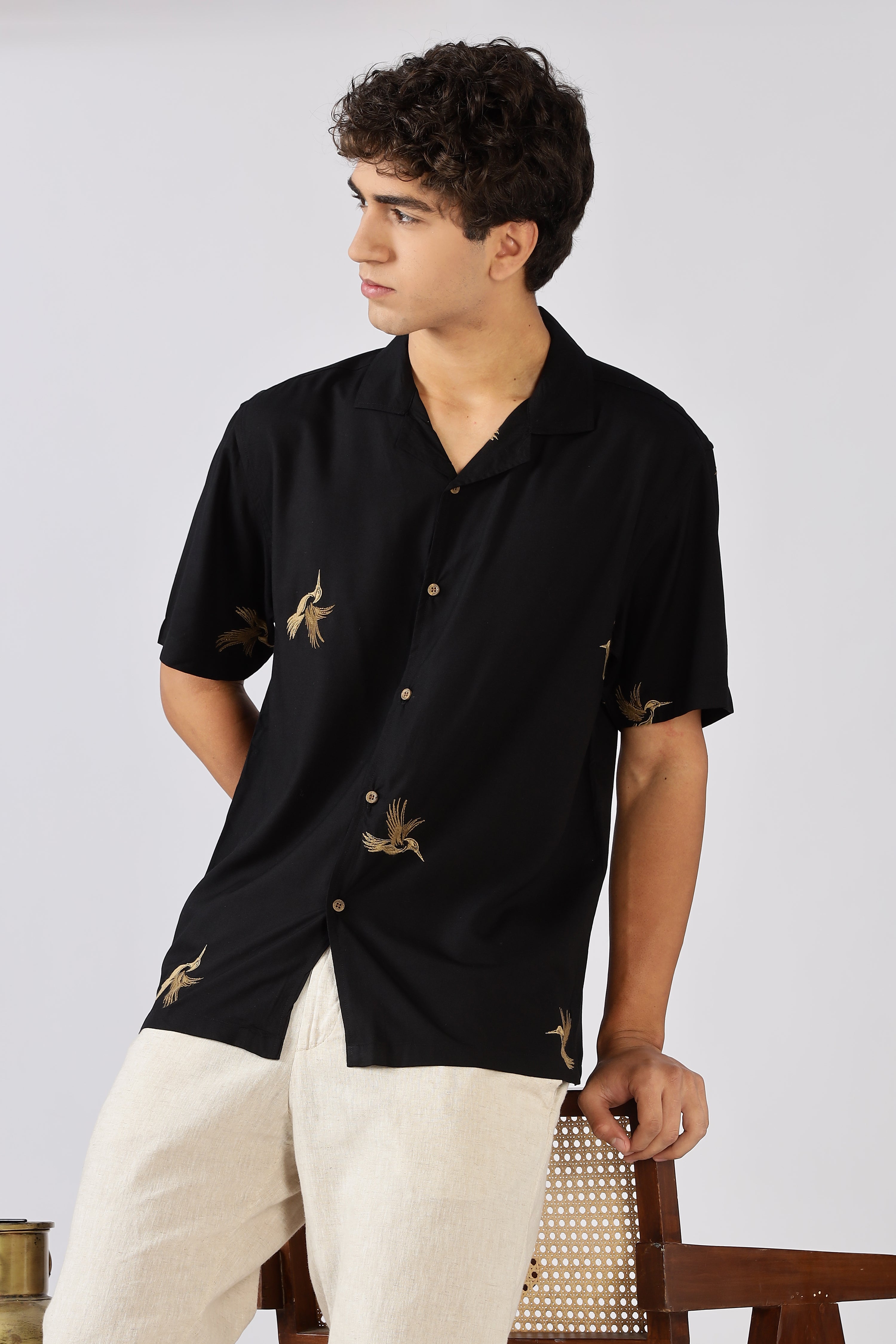 Golden Flight Cotton Box Fit Black Embroidered Shirt