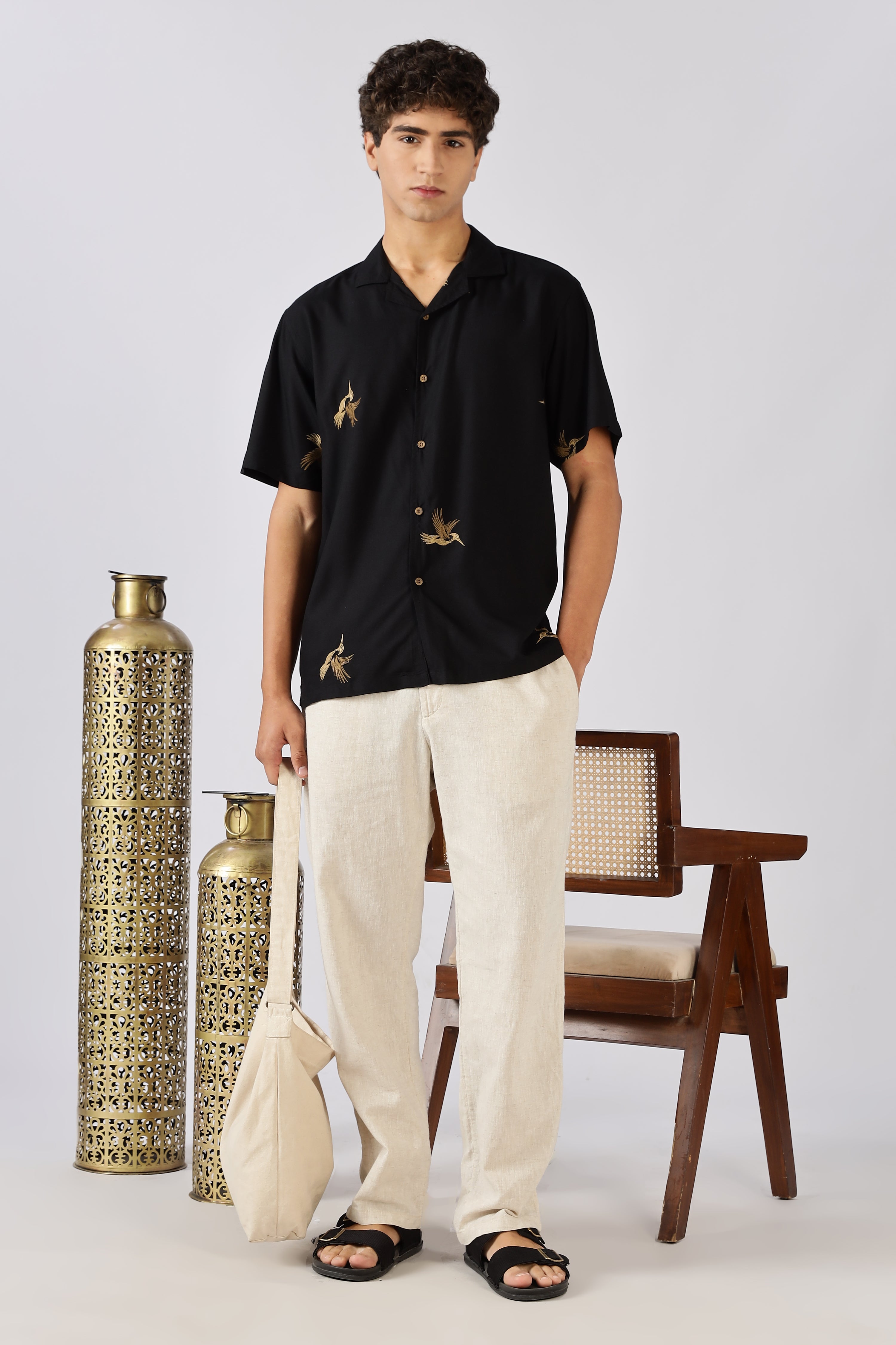Golden Flight Cotton Box Fit Black Embroidered Shirt