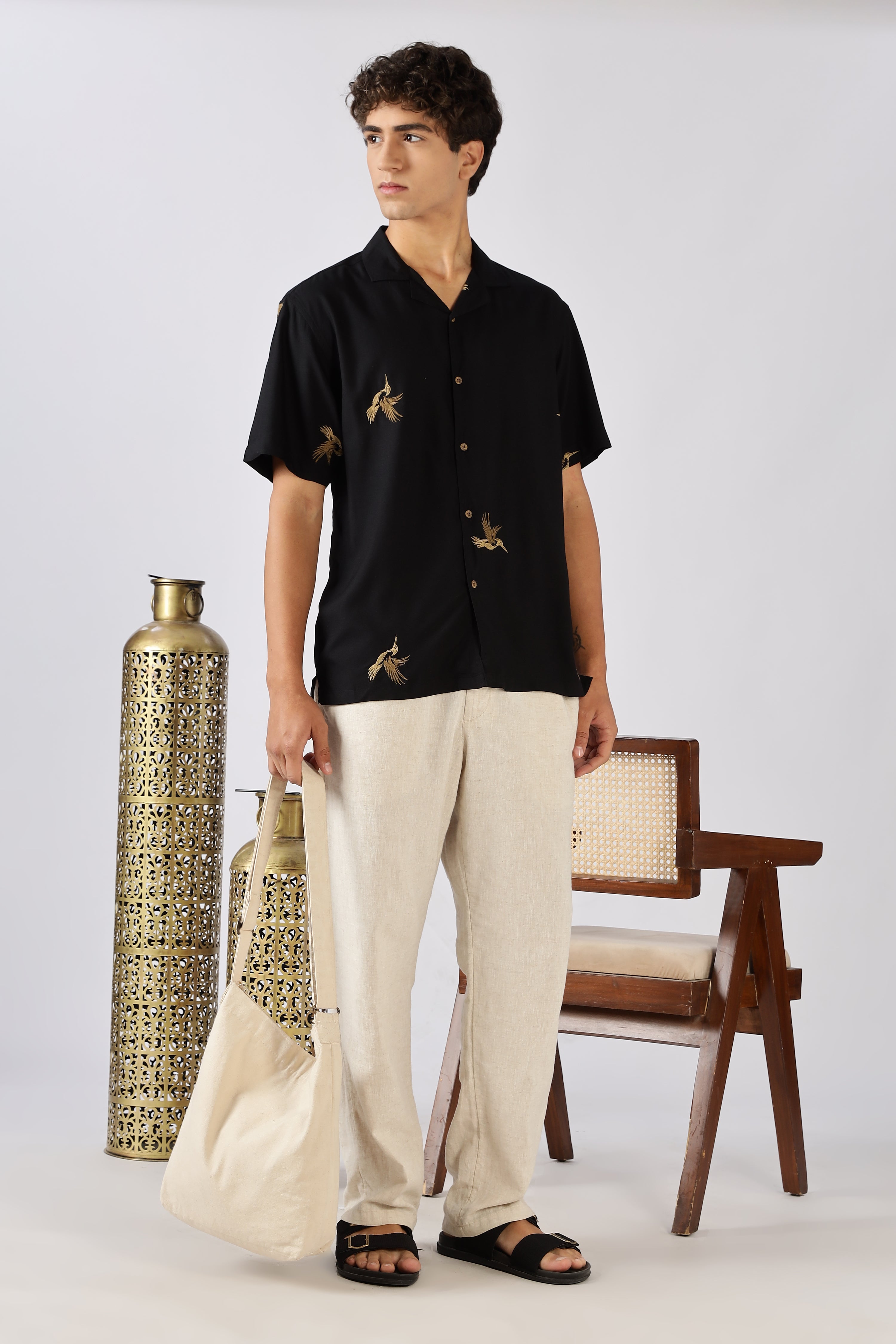 Golden Flight Cotton Box Fit Black Embroidered Shirt