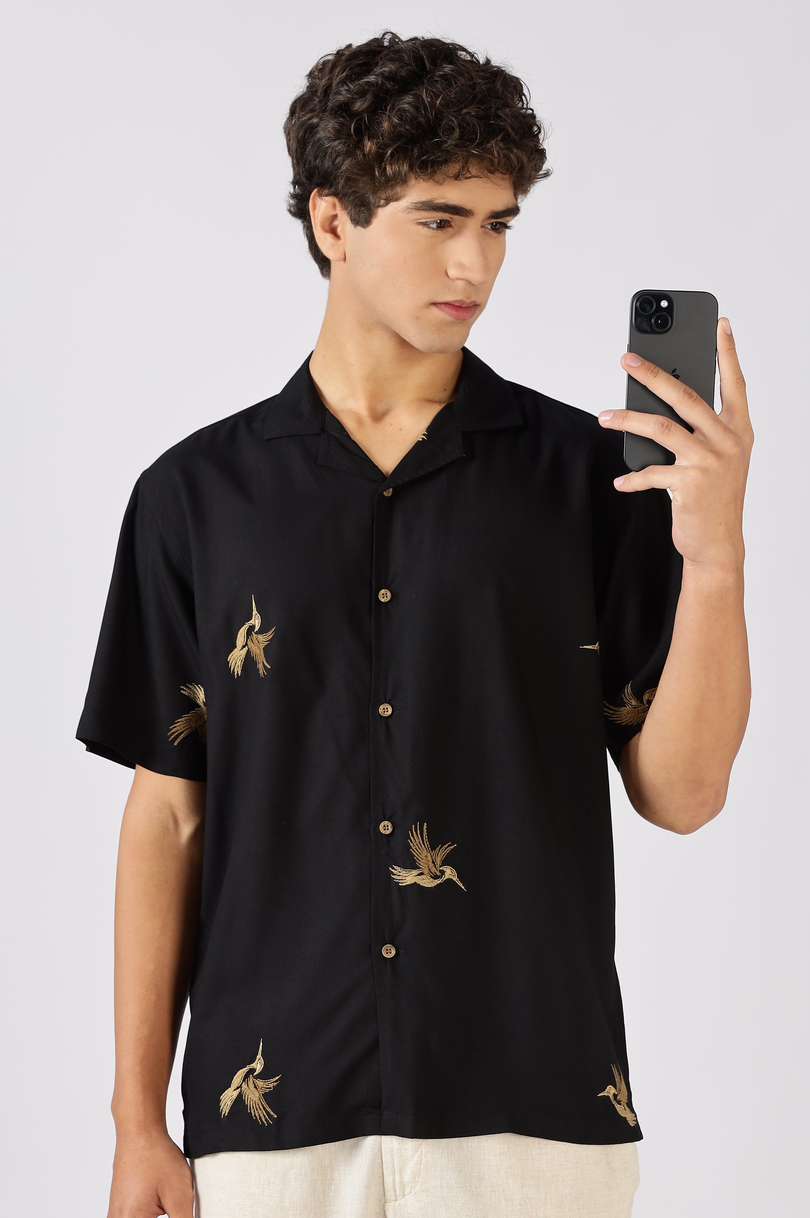 Golden Flight Cotton Box Fit Black Embroidered Shirt