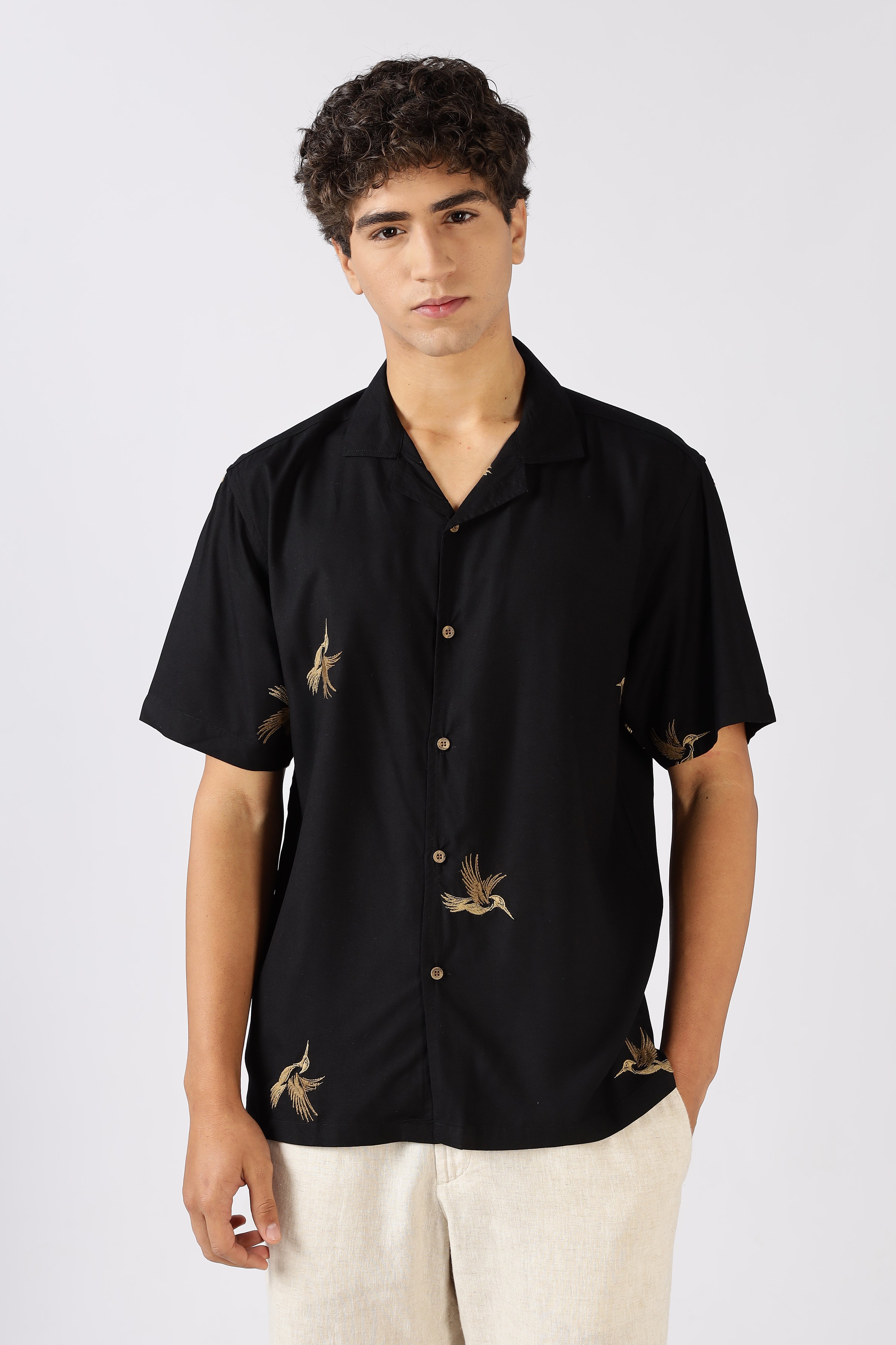 Golden Flight Cotton Box Fit Black Embroidered Shirt