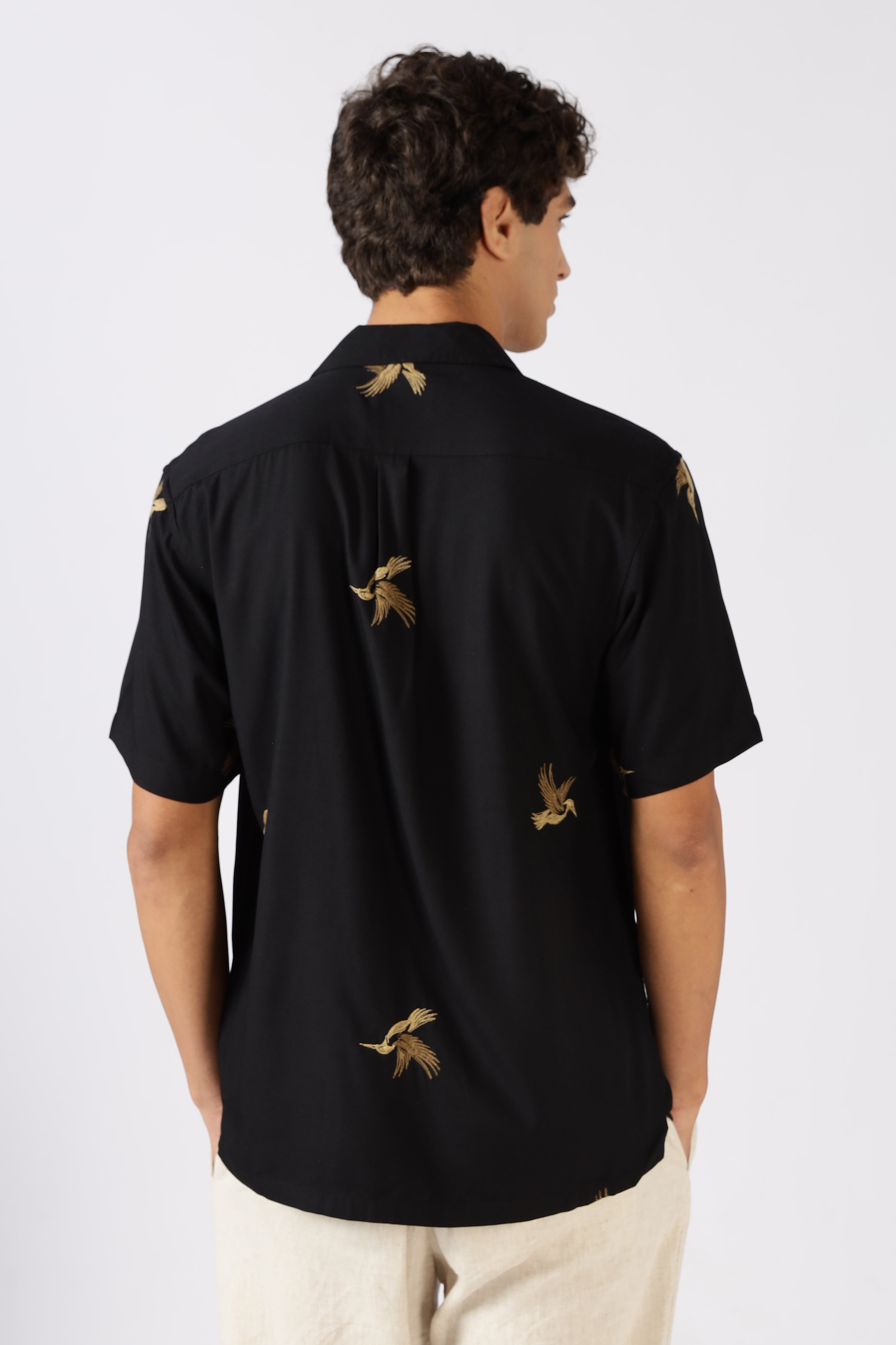 Golden Flight Cotton Box Fit Black Embroidered Shirt