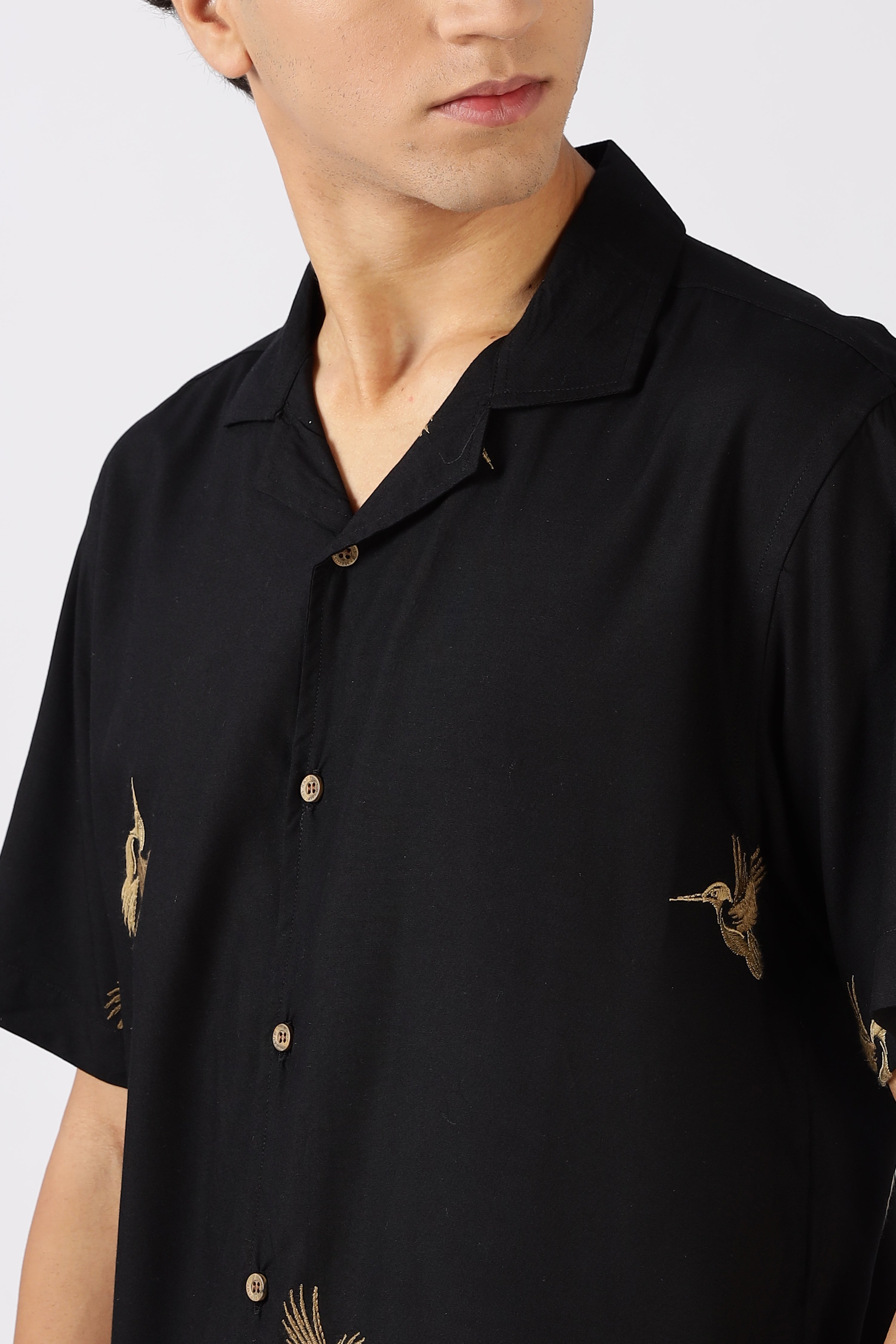 Golden Flight Cotton Box Fit Black Embroidered Shirt