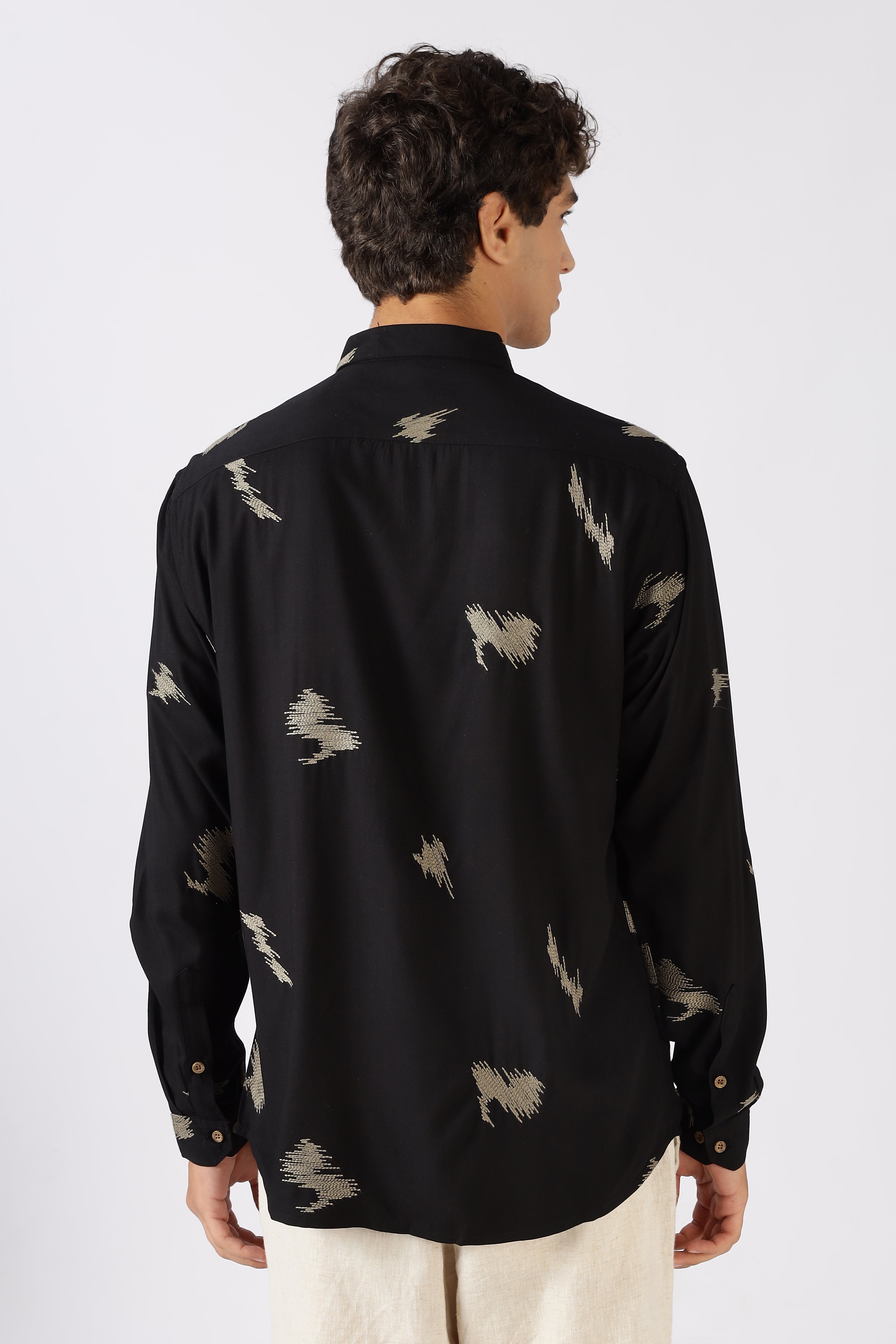 Midnight Ikat Cotton Regular Fit Black Embroidered Shirt
