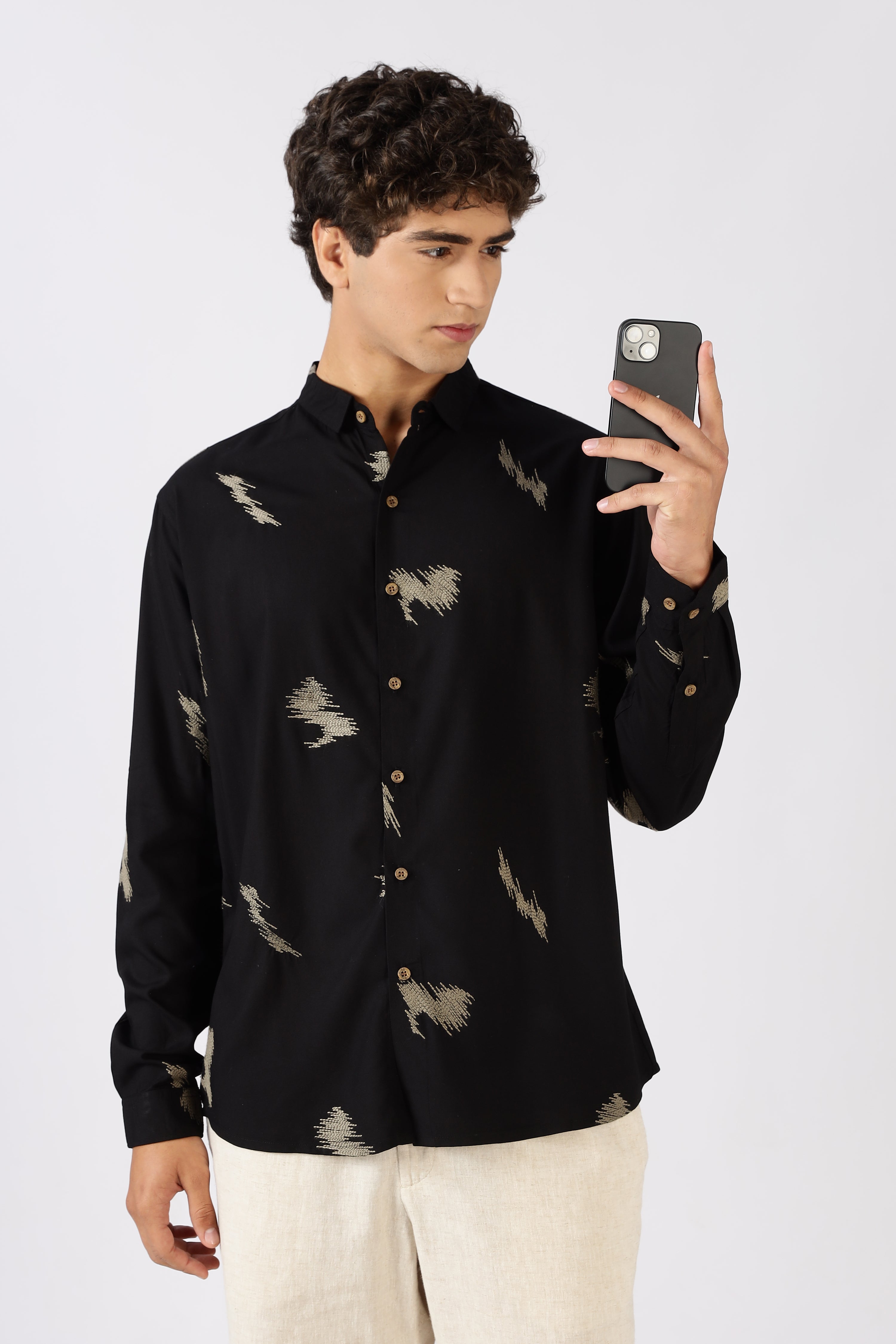 Midnight Ikat Cotton Regular Fit Black Embroidered Shirt