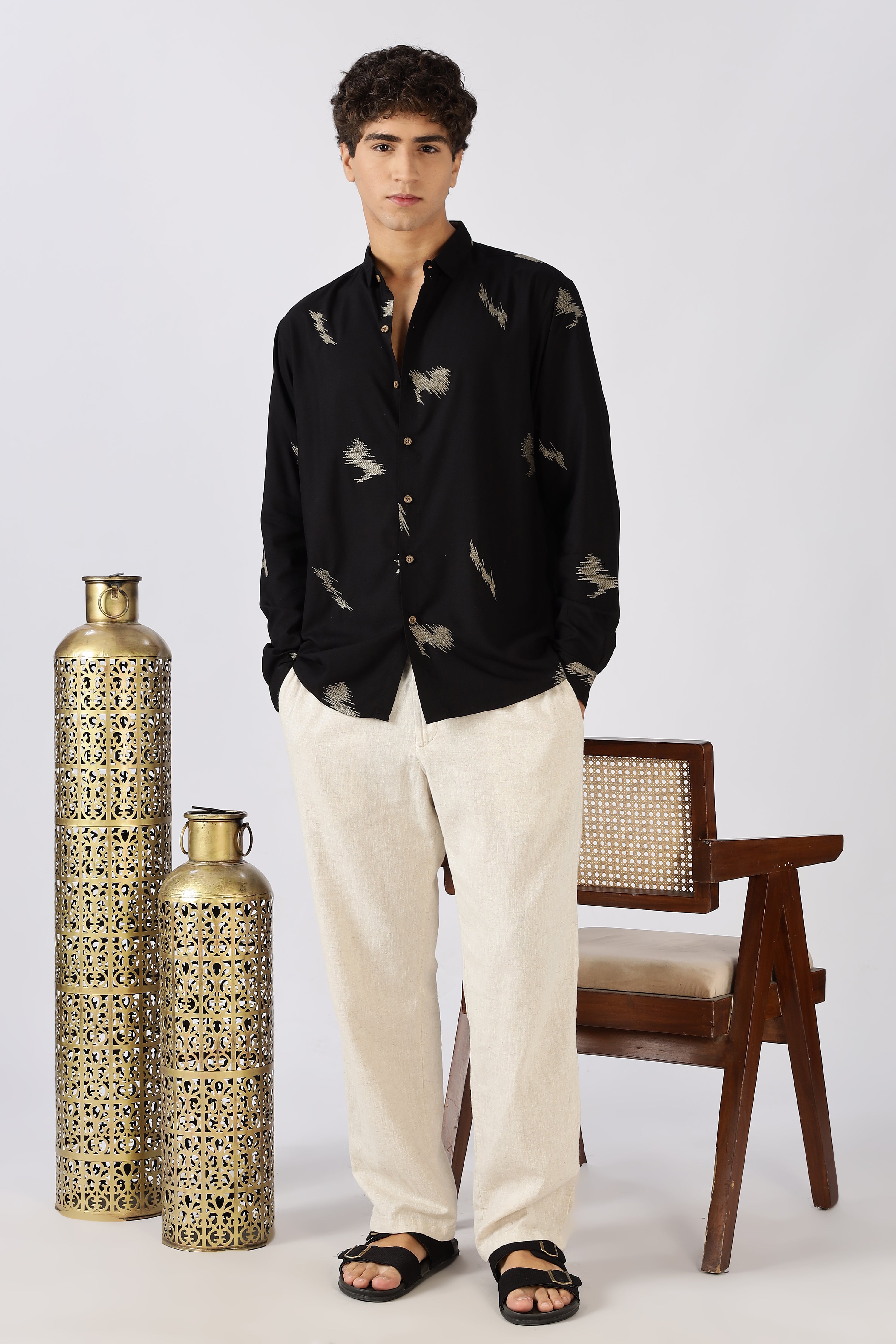 Midnight Ikat Cotton Regular Fit Black Embroidered Shirt