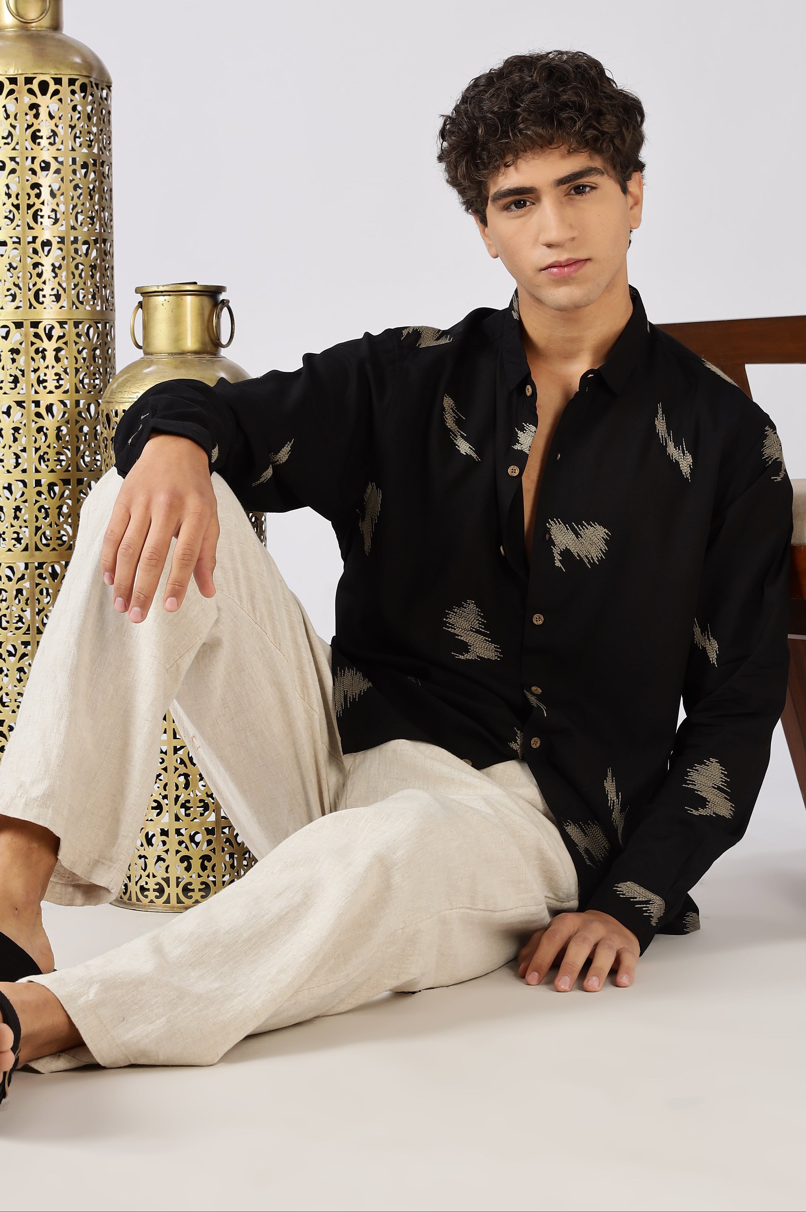 Midnight Ikat Cotton Regular Fit Black Embroidered Shirt