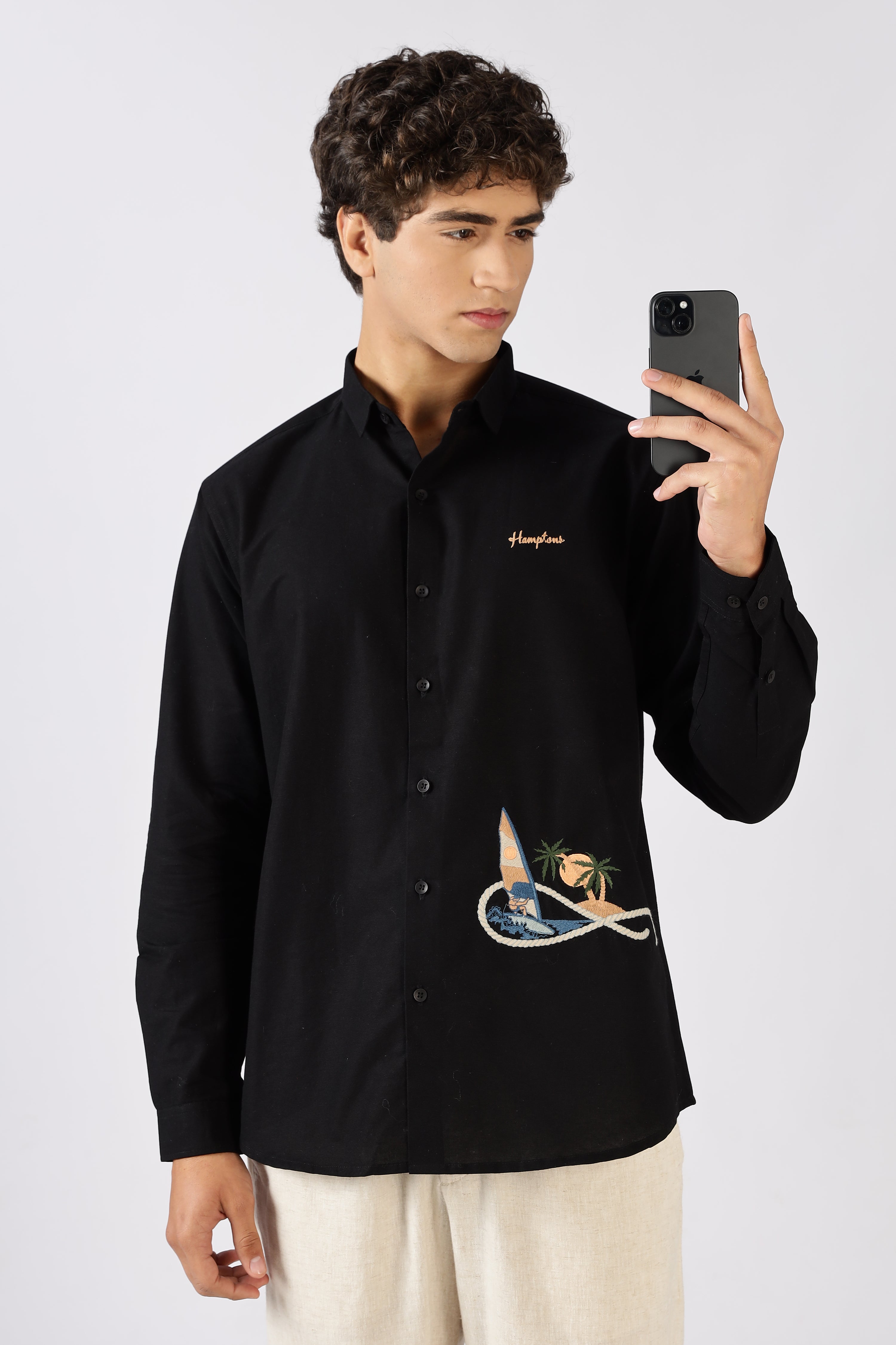 Coastal Voyage Black Embroidered Shirt