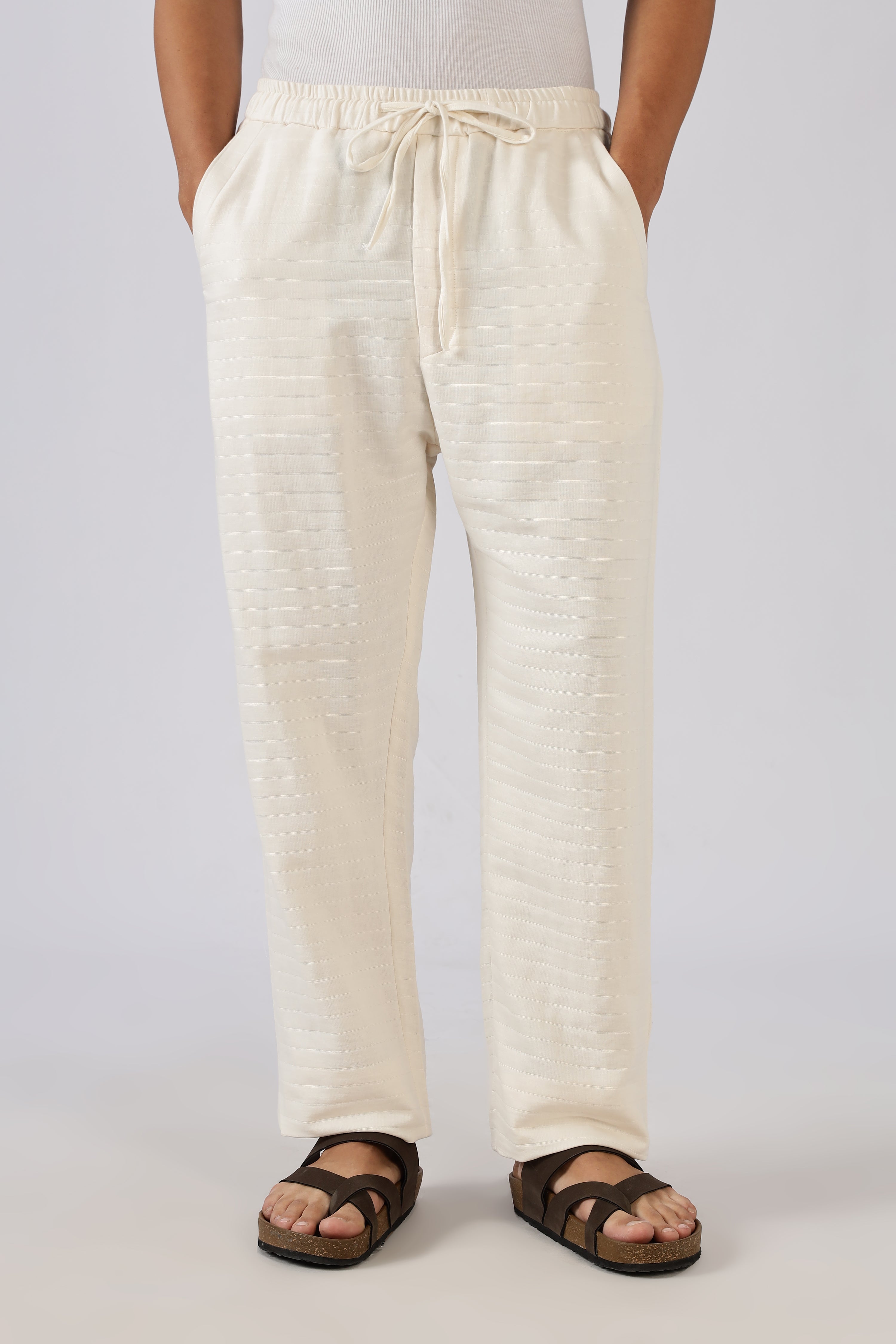 Self-Stripes Double Cloth 100% Cotton Straight Fit Beige Pants