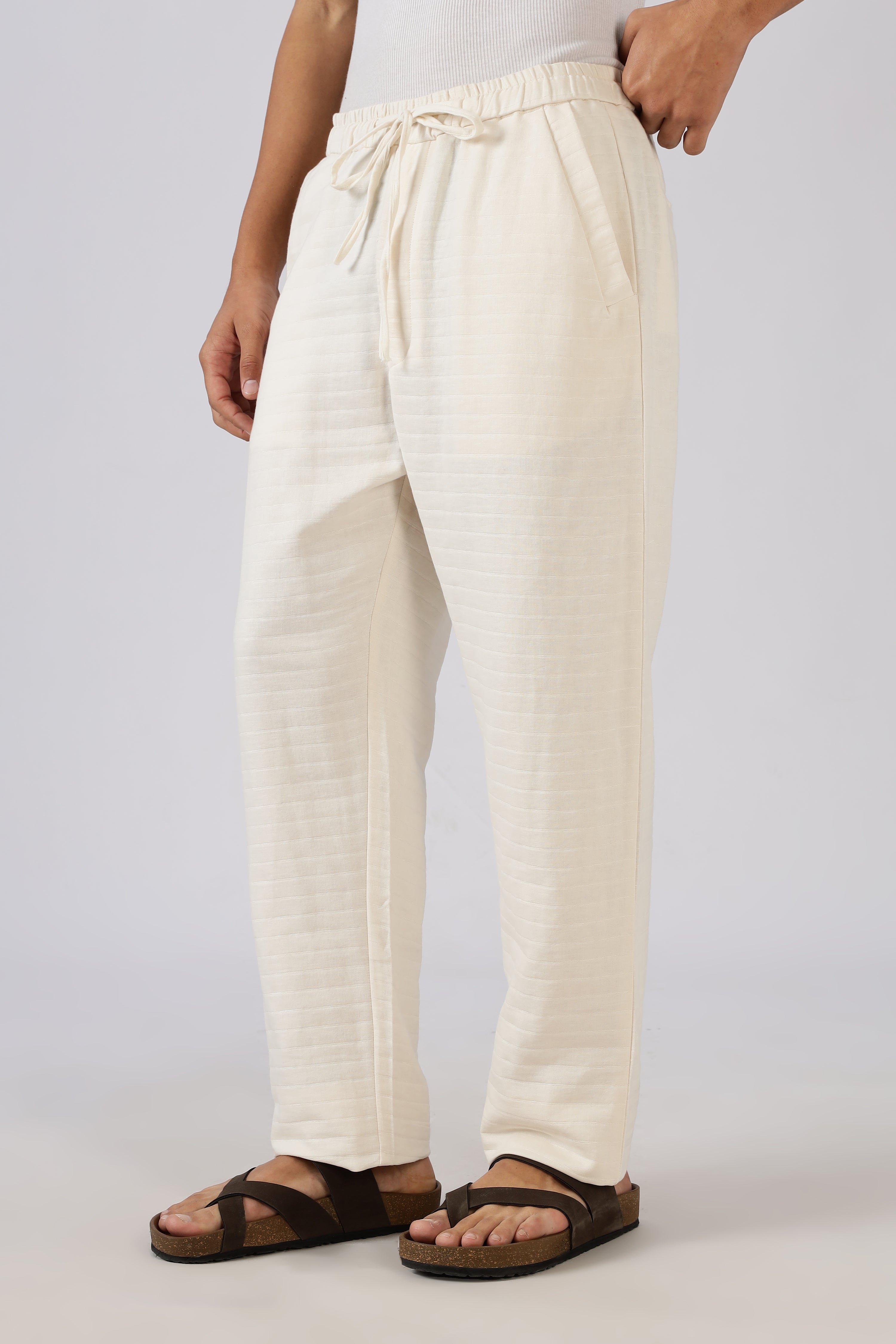Self-Stripes Double Cloth 100% Cotton Straight Fit Beige Pants