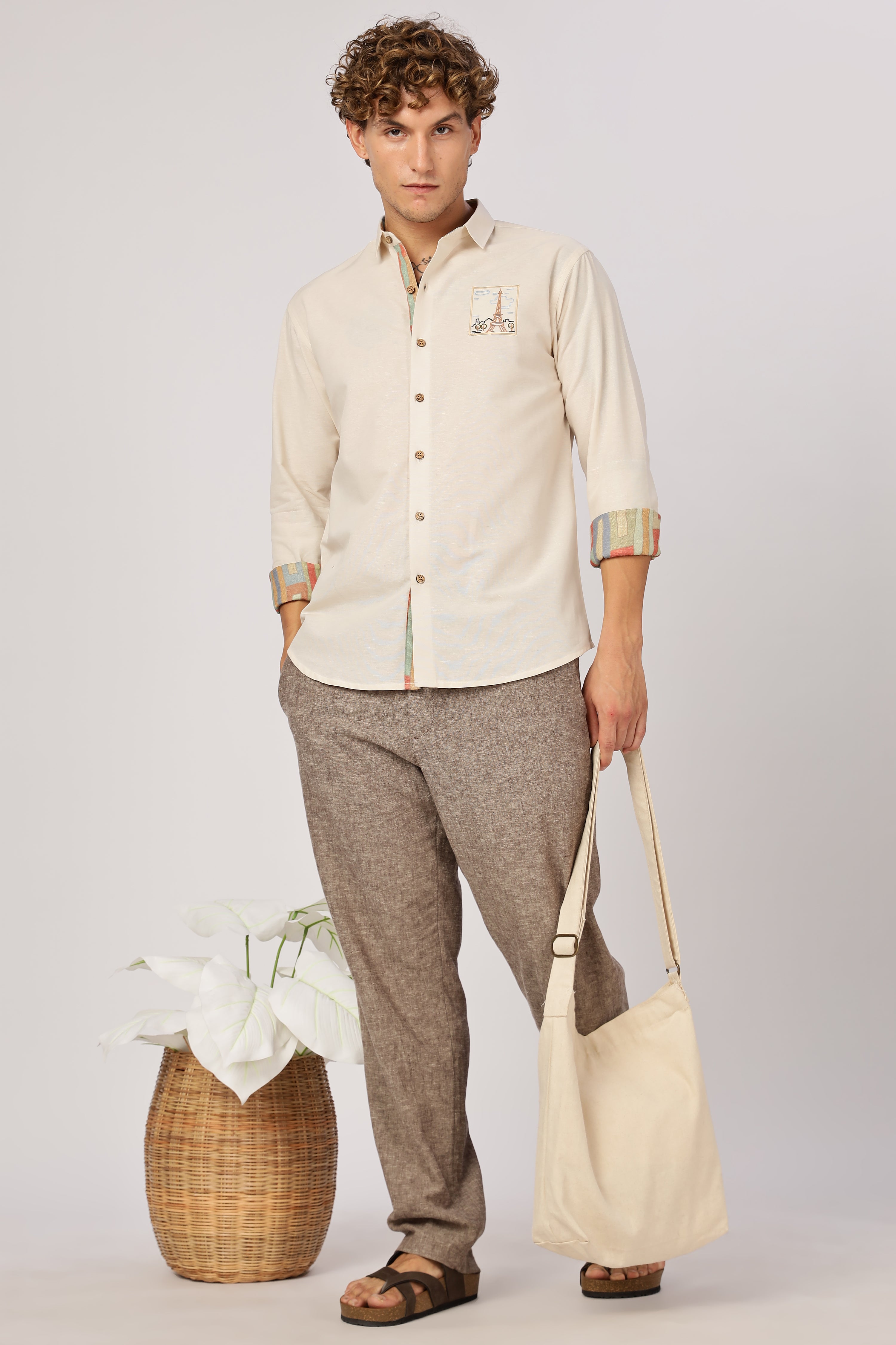 Paris Postcard Cotton Regular Fit Beige Embroidered Shirt