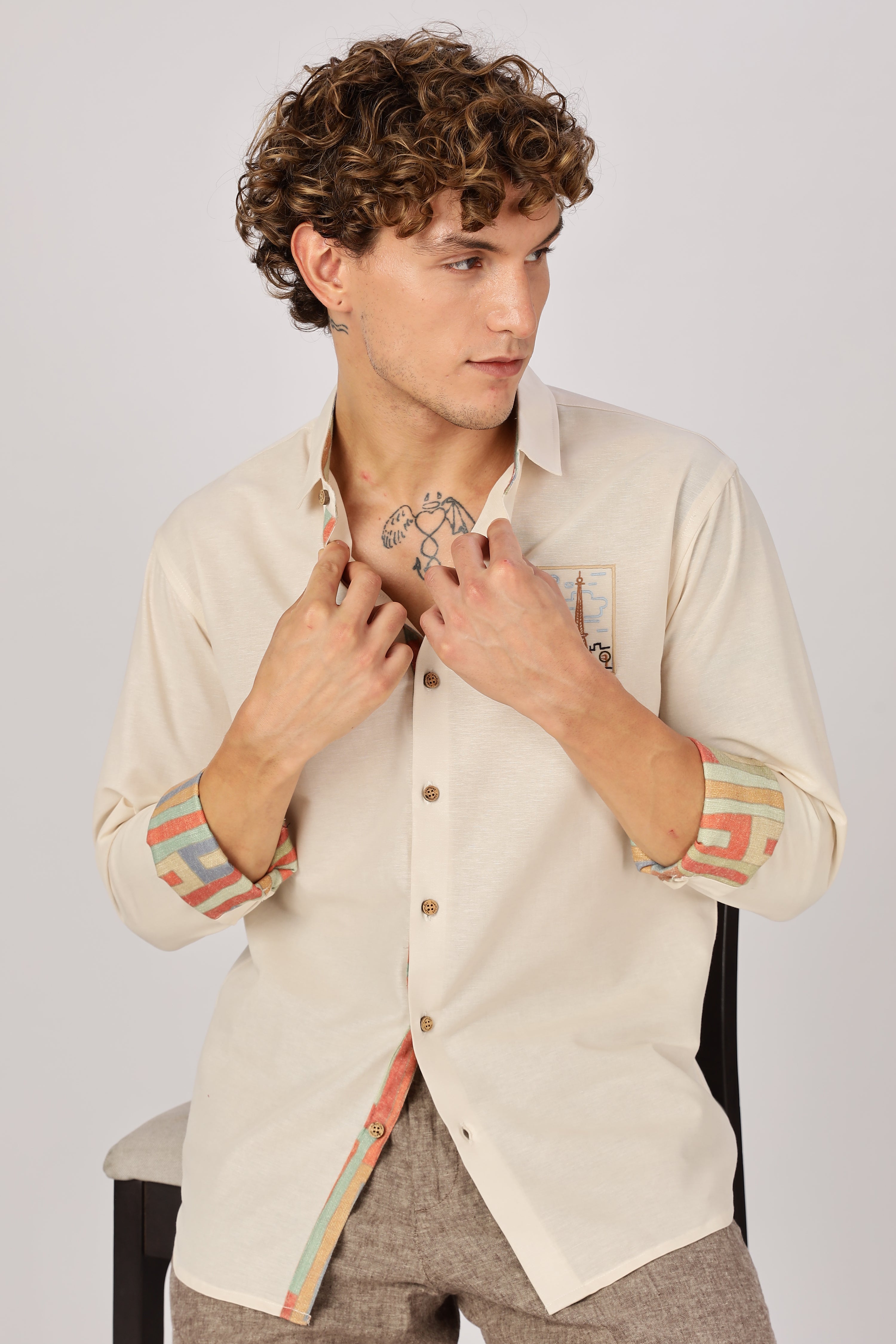 Paris Postcard Cotton Regular Fit Beige Embroidered Shirt