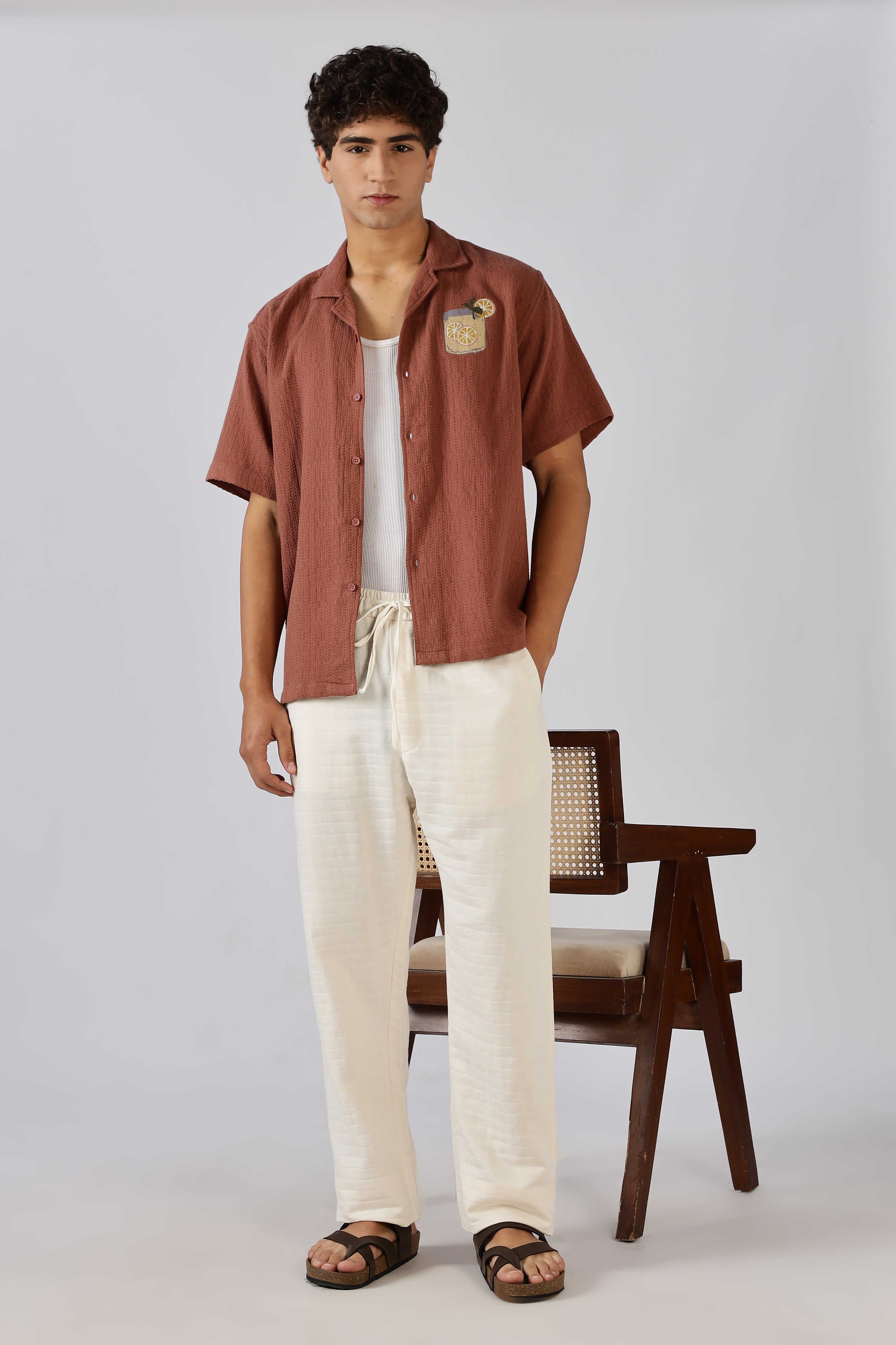 Self-Stripes Double Cloth 100% Cotton Straight Fit Beige Pants