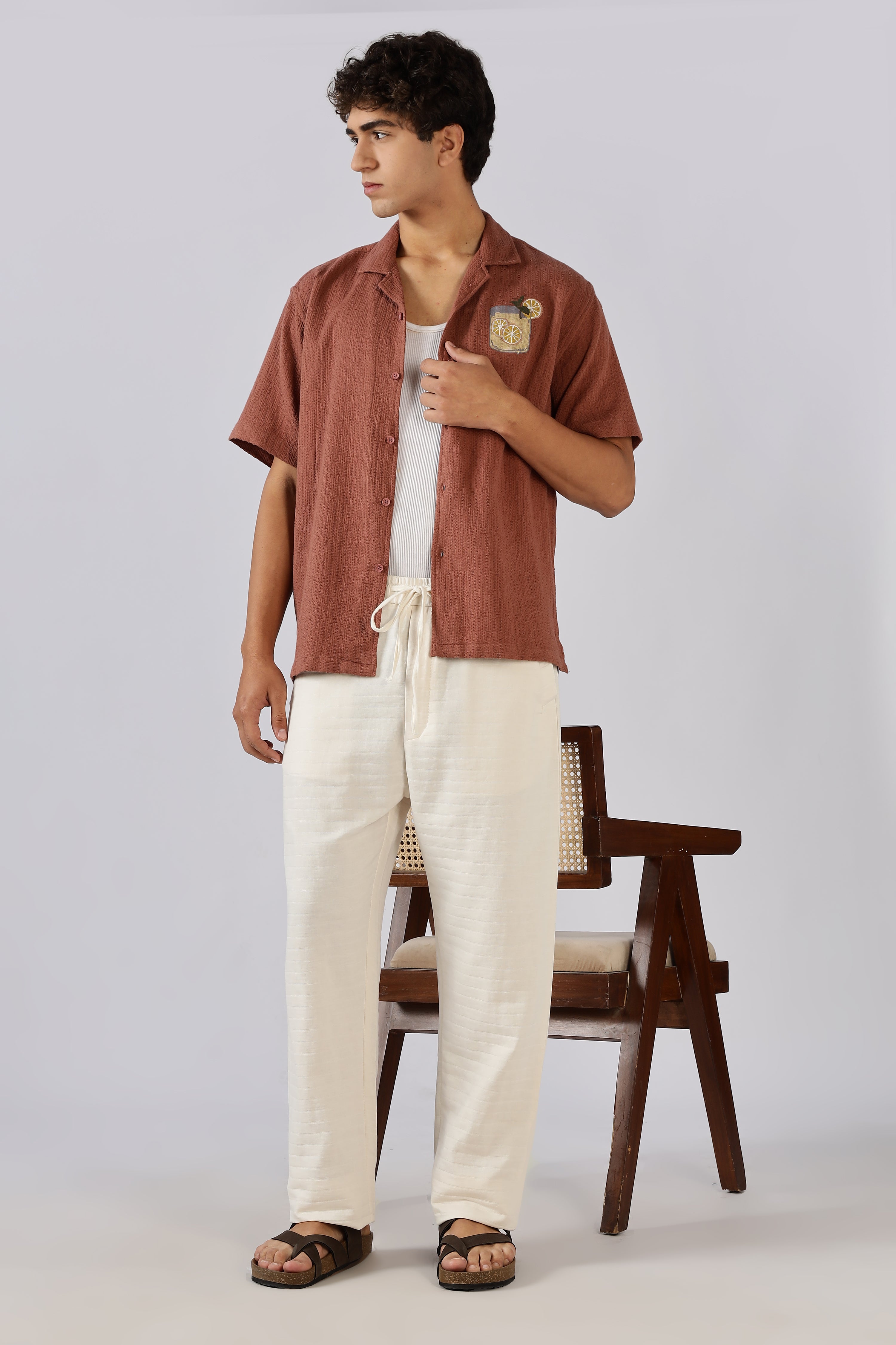 Self-Stripes Double Cloth 100% Cotton Straight Fit Beige Pants