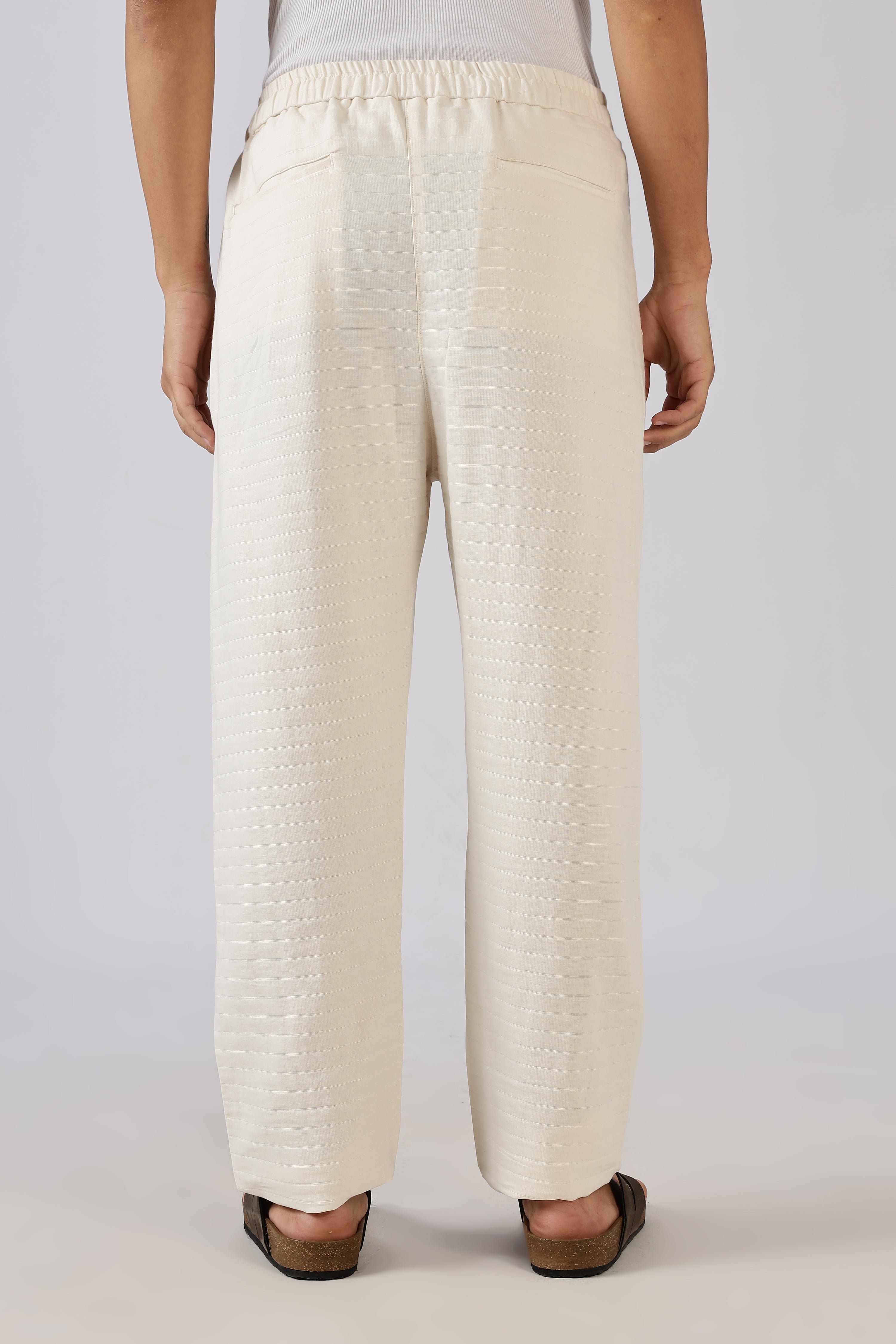 Self-Stripes Double Cloth 100% Cotton Straight Fit Beige Pants