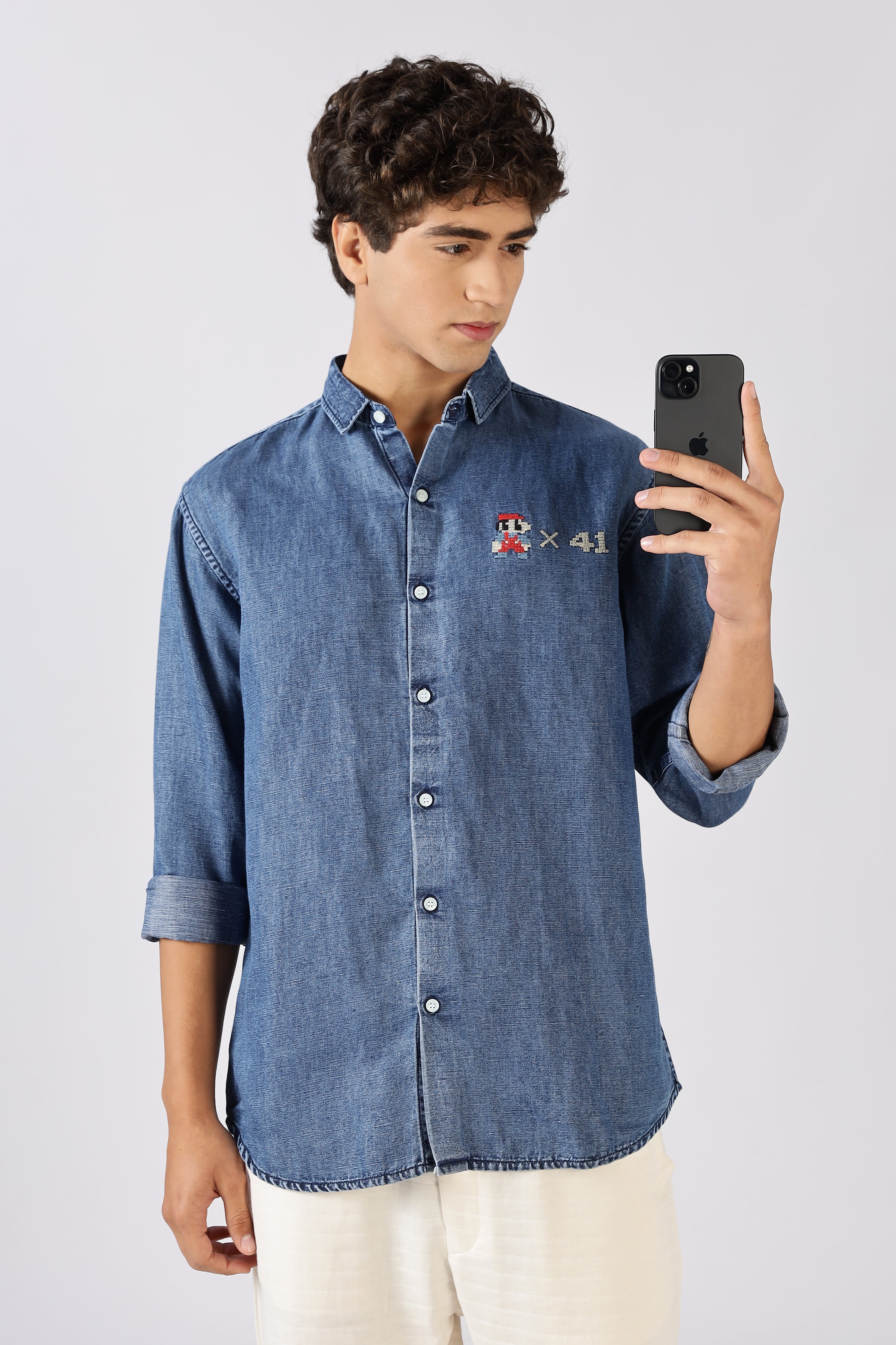 Classic Pixel Play Cotton Regular Fit Blue Embroidered Denim Shirt