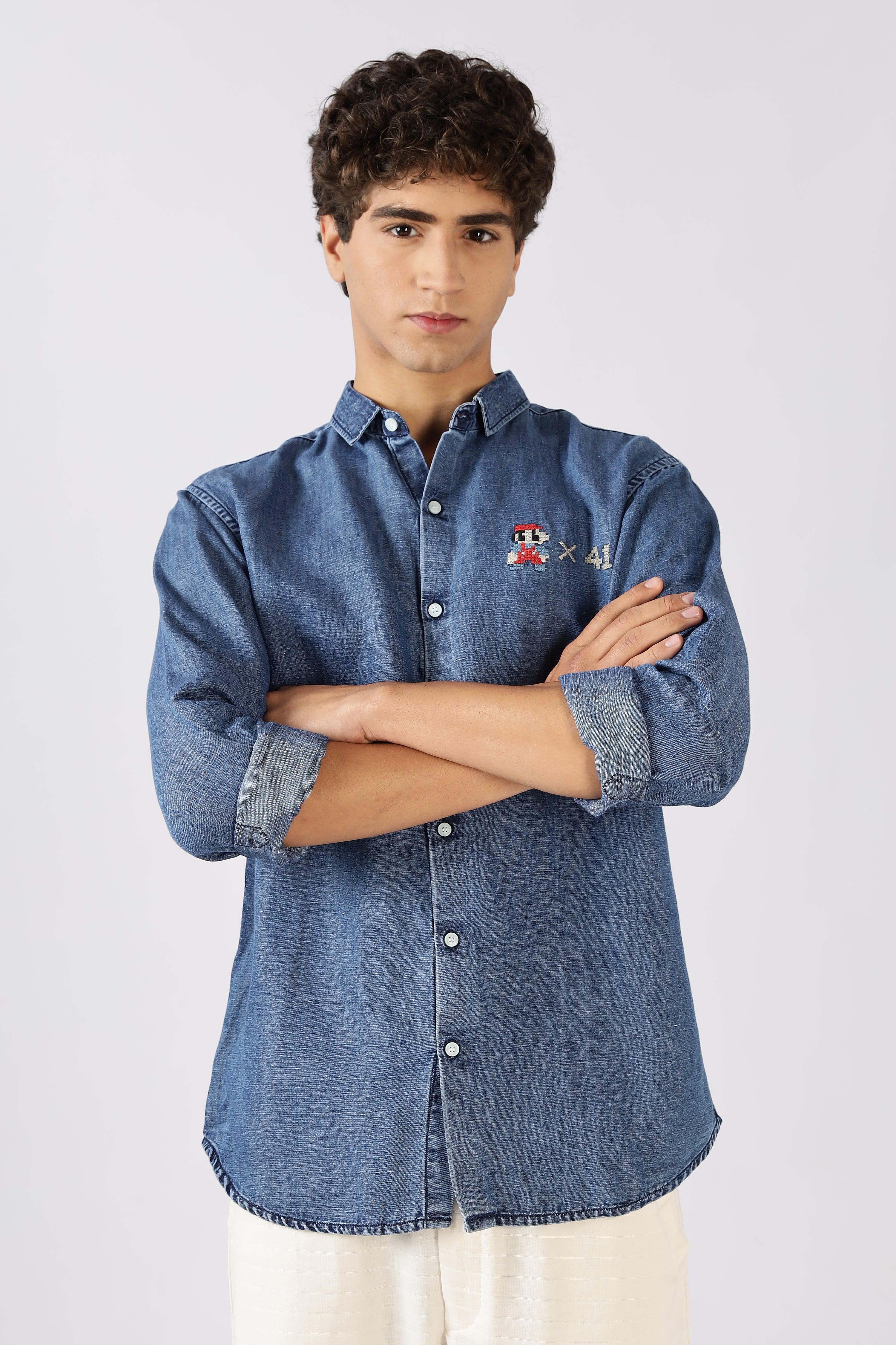 Classic Pixel Play Cotton Regular Fit Blue Embroidered Denim Shirt