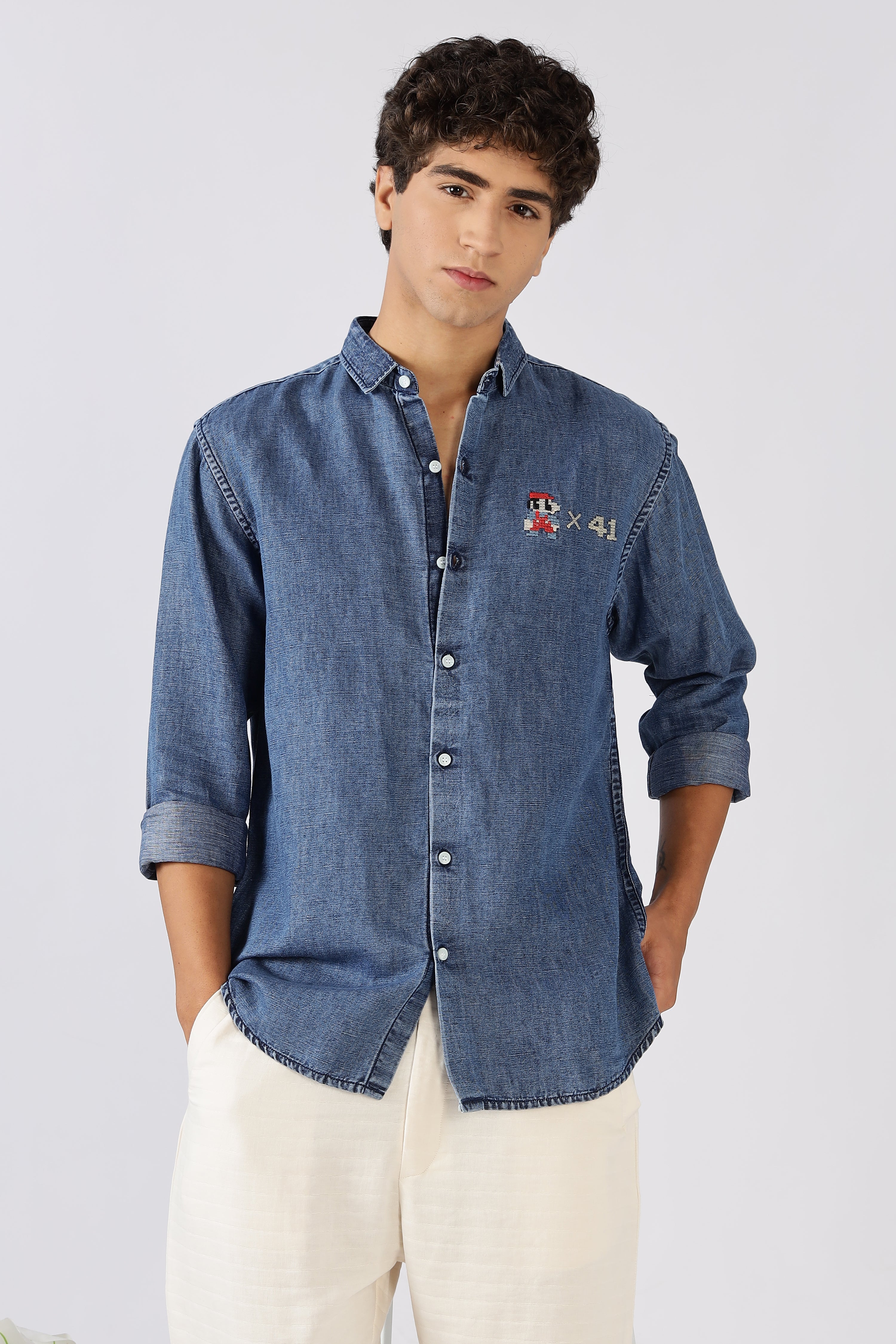 Classic Pixel Play Cotton Regular Fit Blue Embroidered Denim Shirt