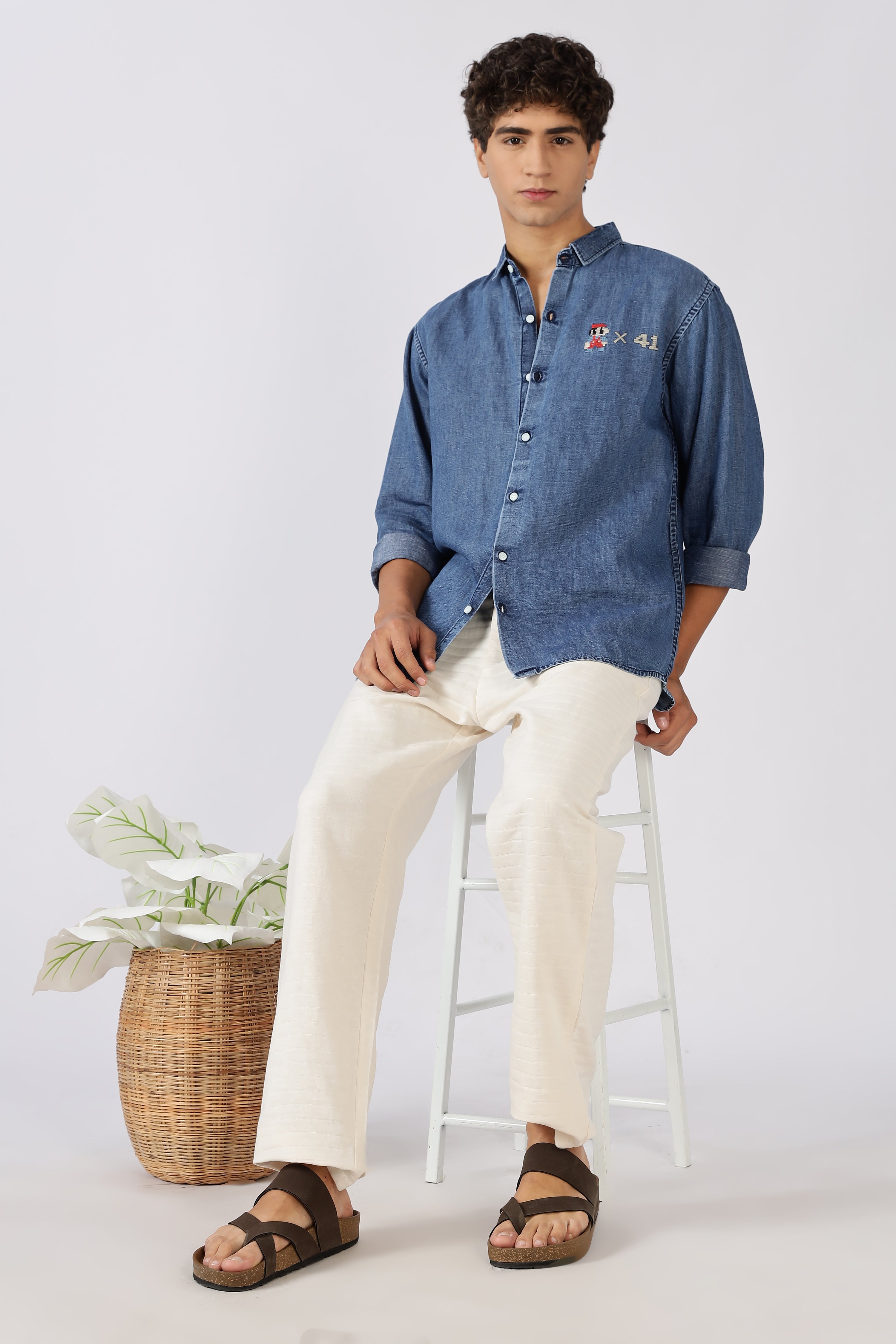 Classic Pixel Play Cotton Regular Fit Blue Embroidered Denim Shirt