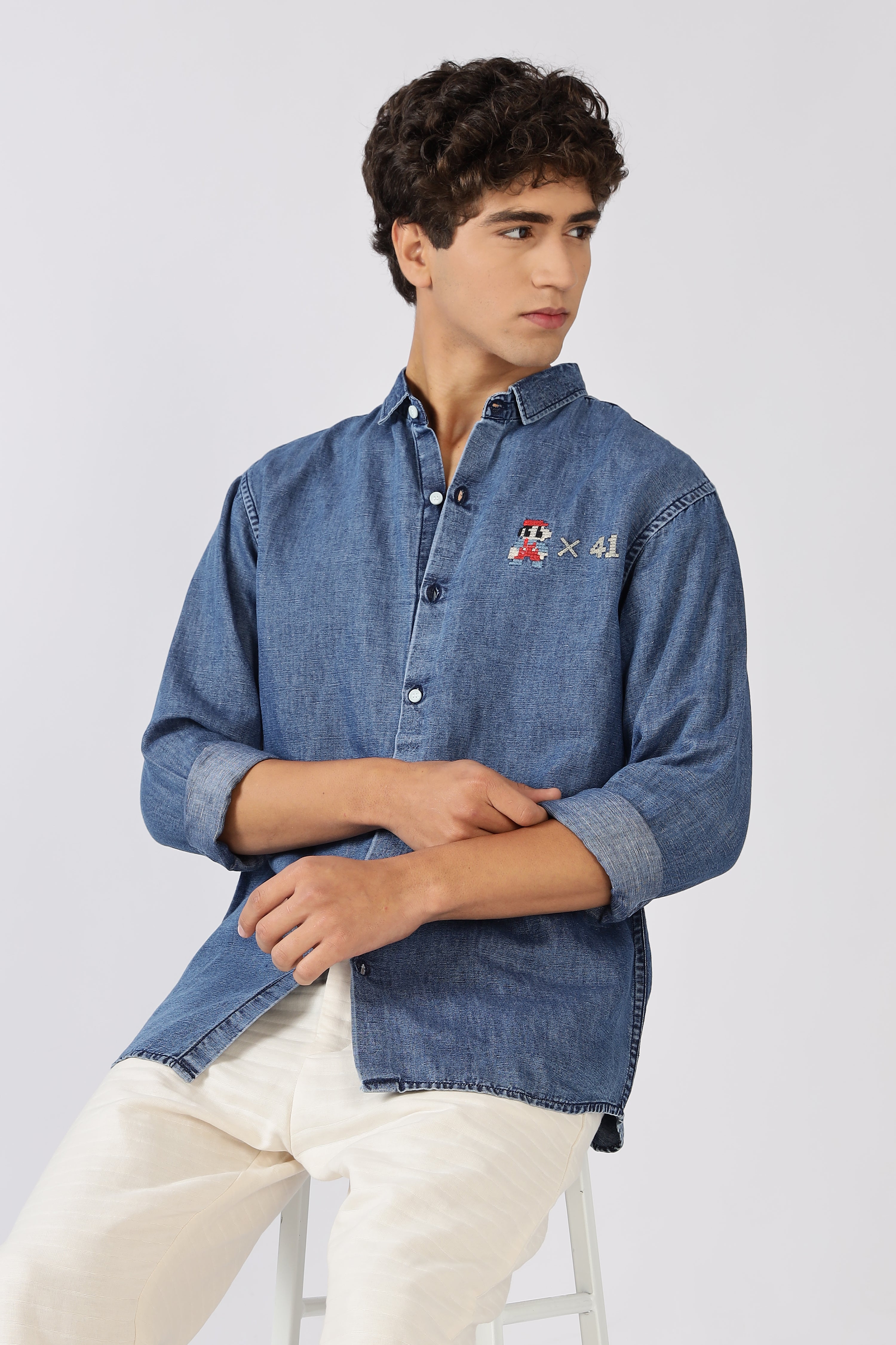 Classic Pixel Play Cotton Regular Fit Blue Embroidered Denim Shirt