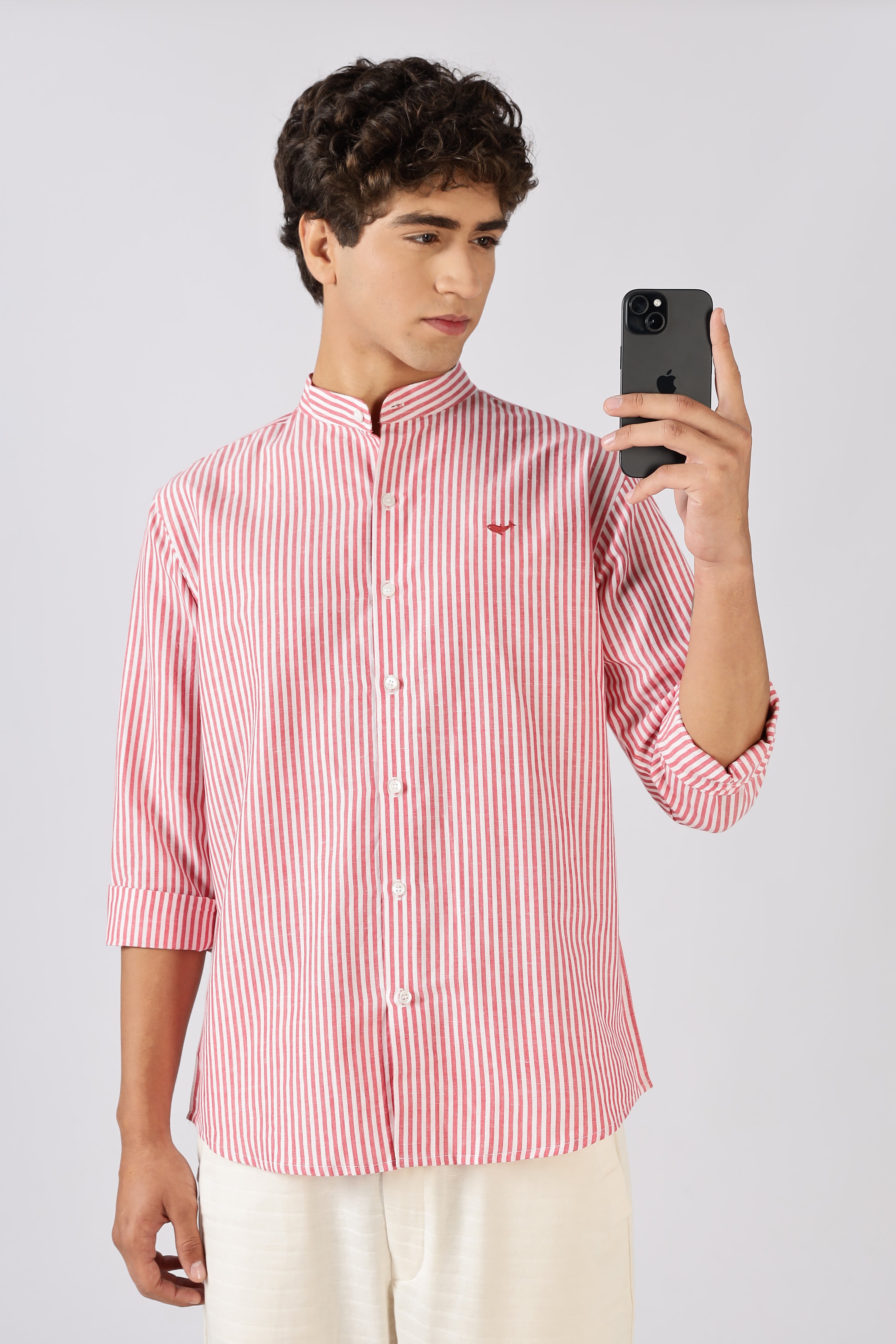 Coral Tide Stripe Mandarin Collar Shirt