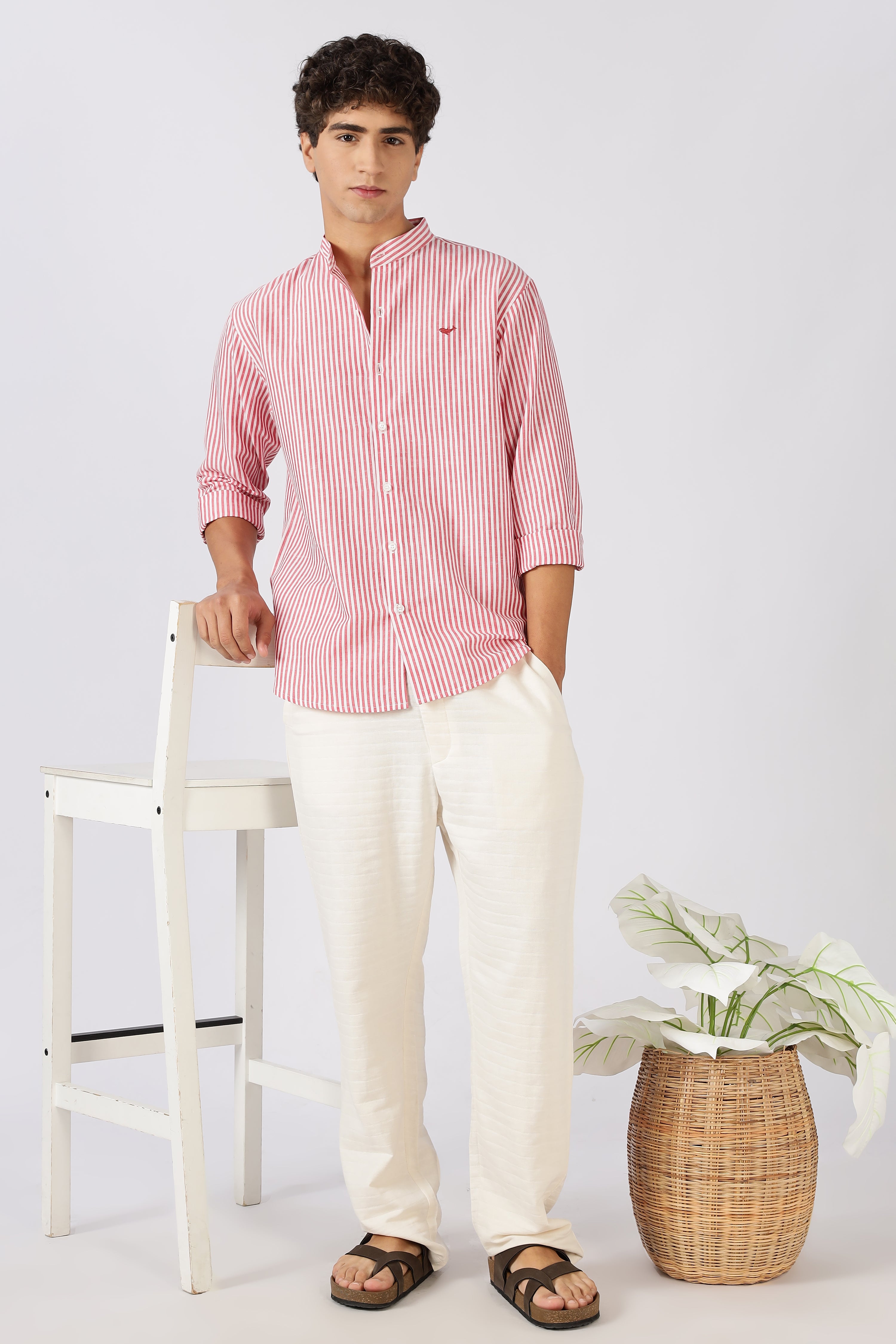 Coral Tide Stripe Mandarin Collar Shirt