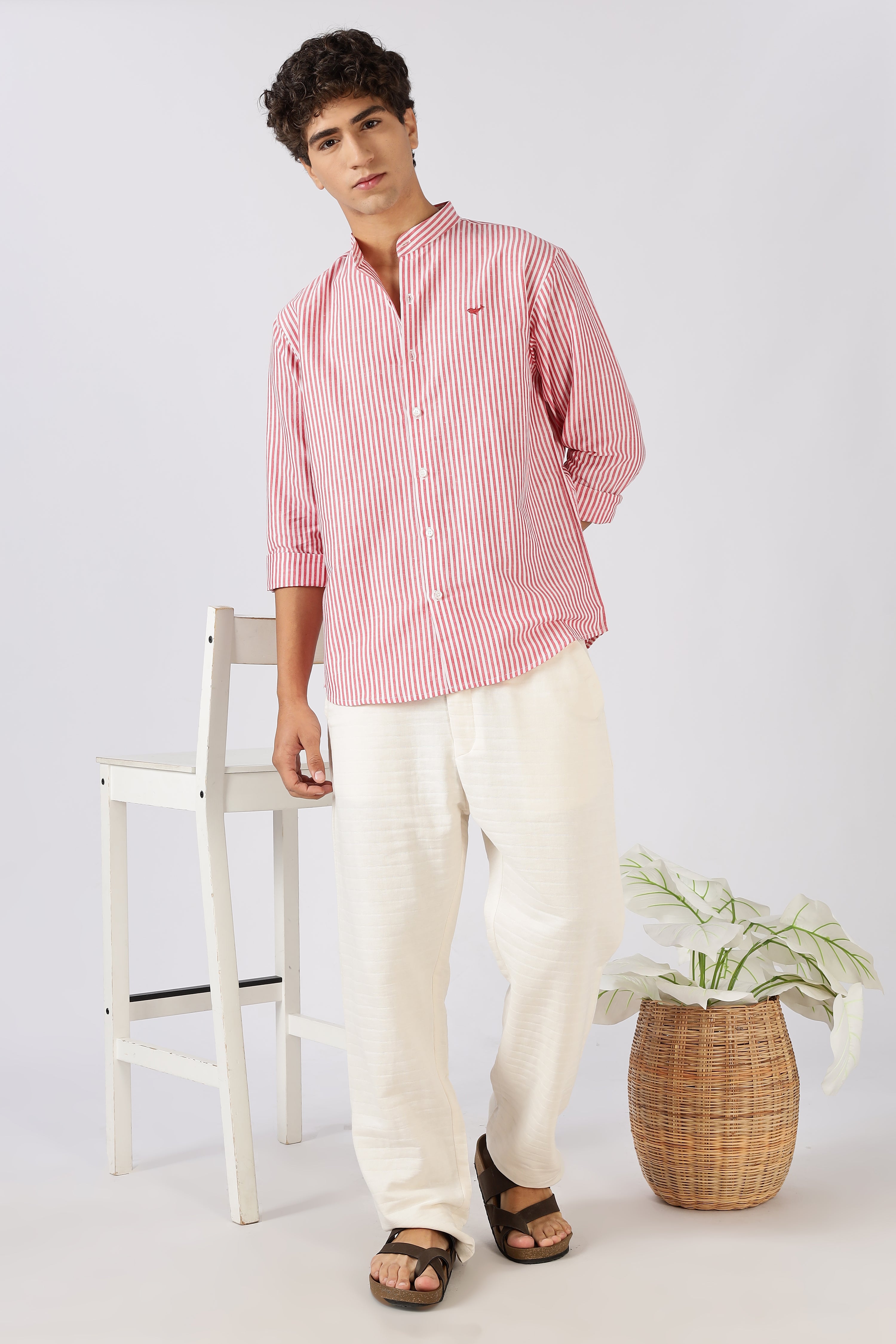 Coral Tide Stripe Mandarin Collar Shirt