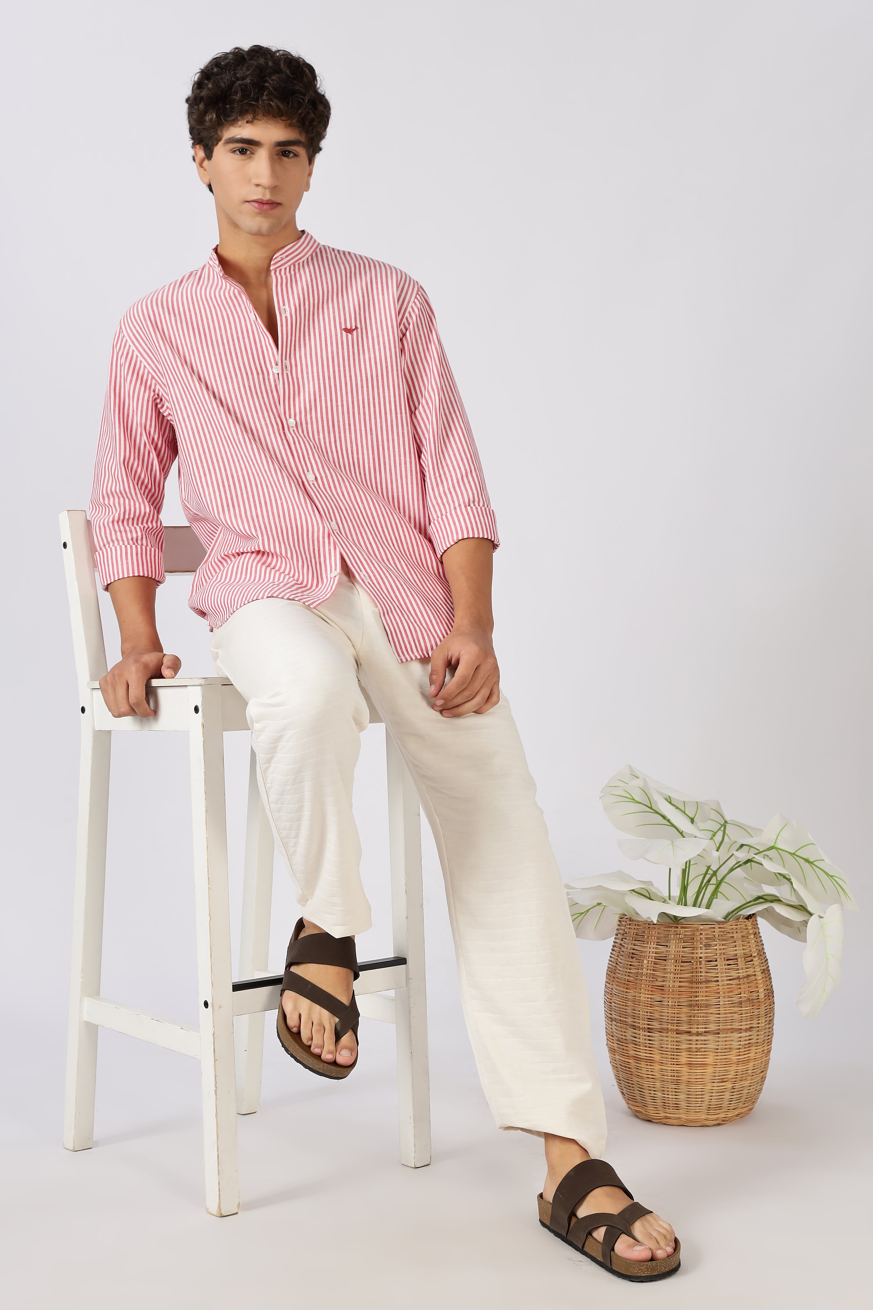 Coral Tide Stripe Mandarin Collar Shirt