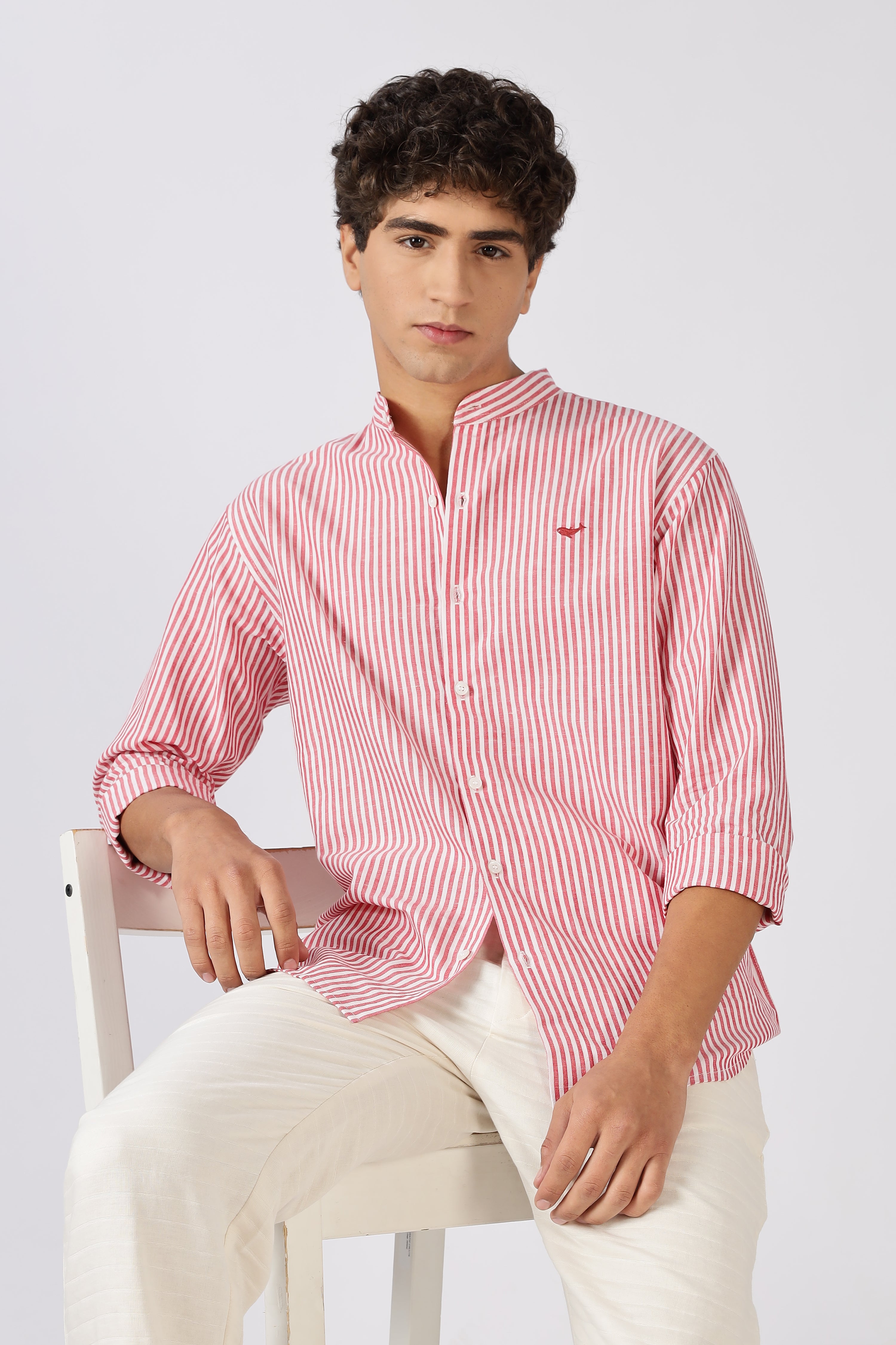 Coral Tide Stripe Mandarin Collar Shirt