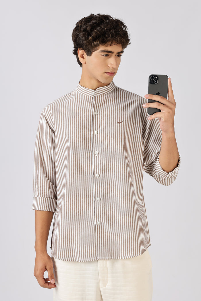 Harbor Cotton Regular Fit Brown Stripe Shirt