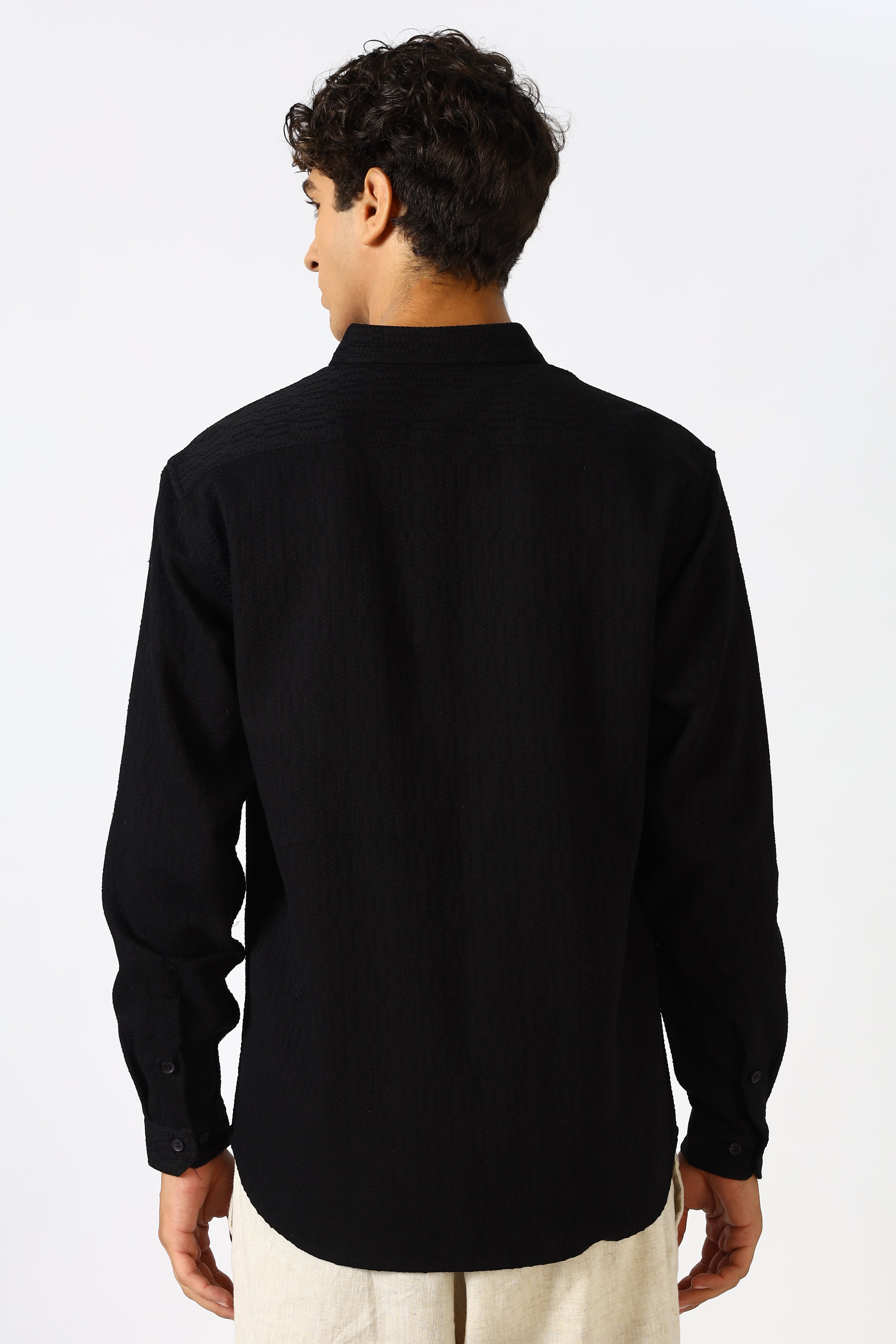 Coastal Drive Cotton Regular Fit Black Embroidered Shirt
