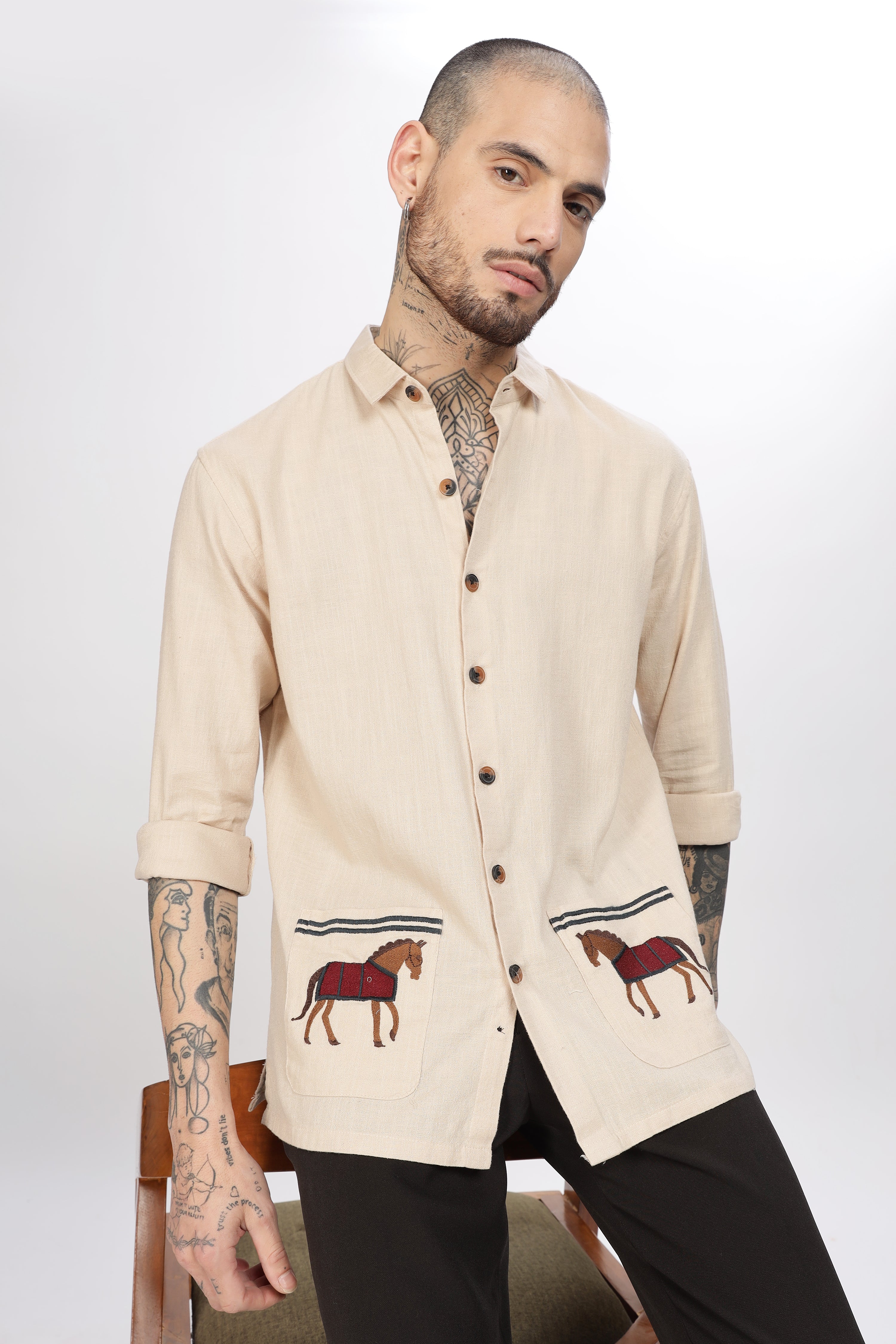 Cavallo Beige Full Sleeves Embroidery Shirt