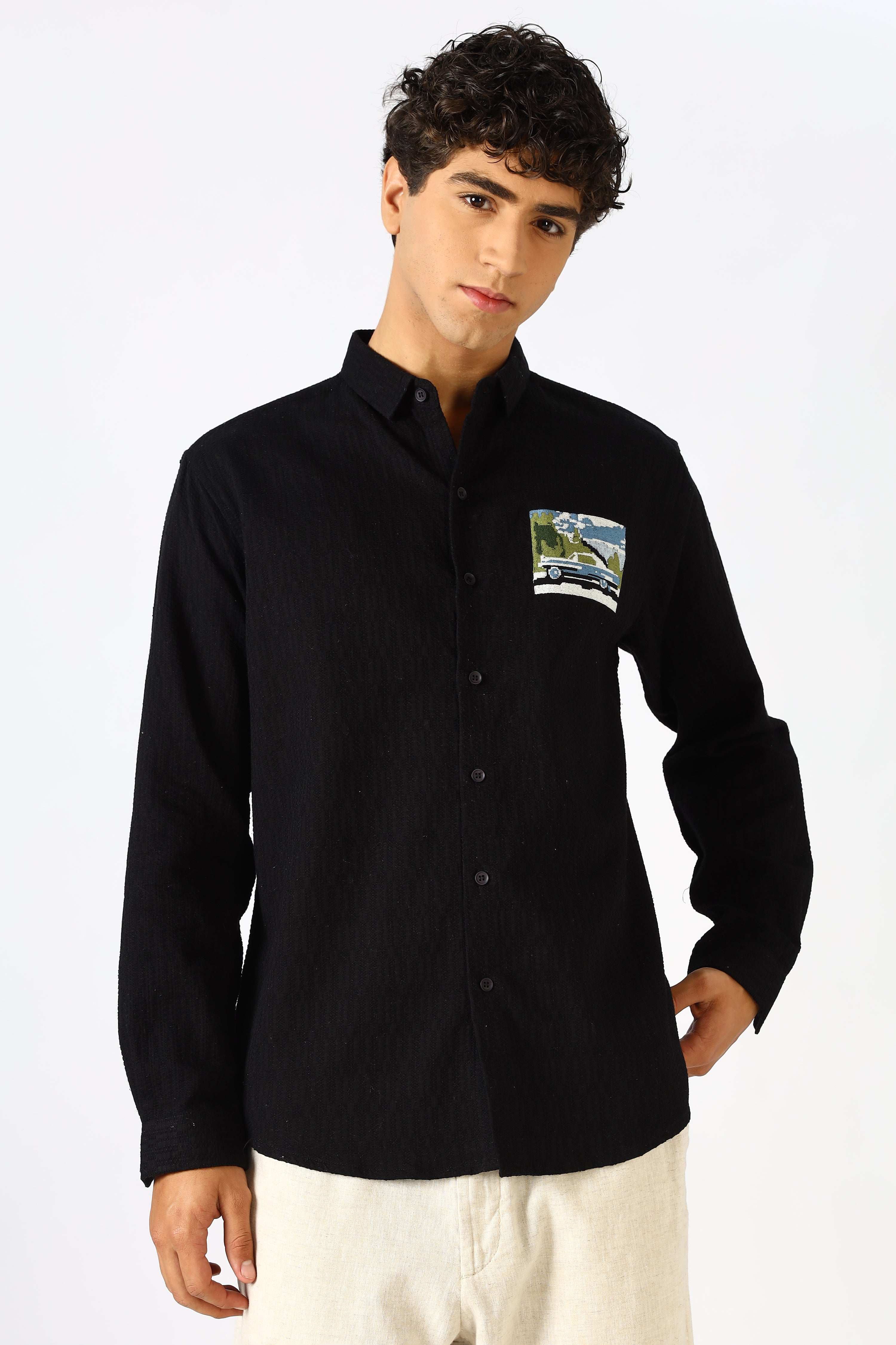 Coastal Drive Cotton Regular Fit Black Embroidered Shirt