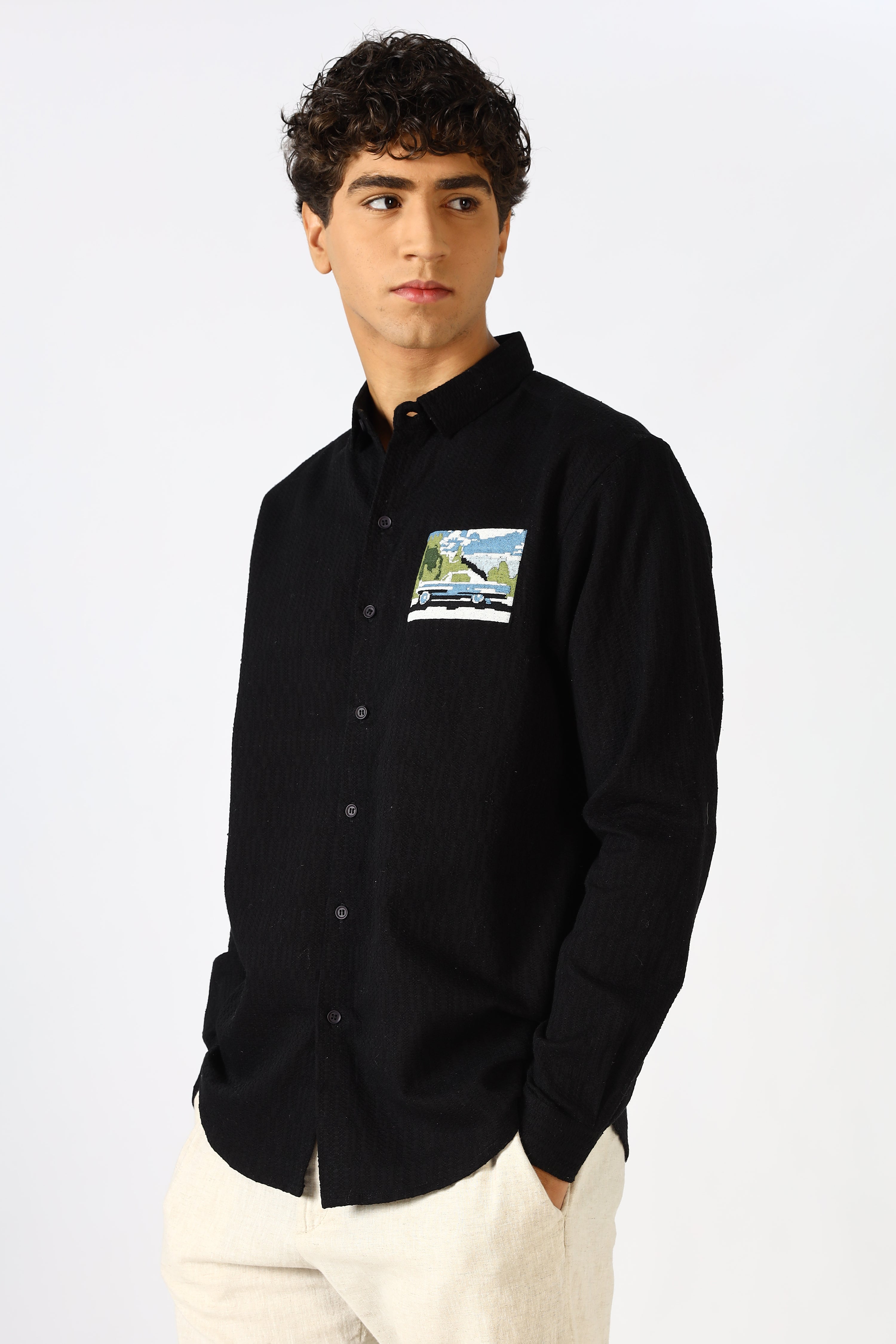 Coastal Drive Cotton Regular Fit Black Embroidered Shirt