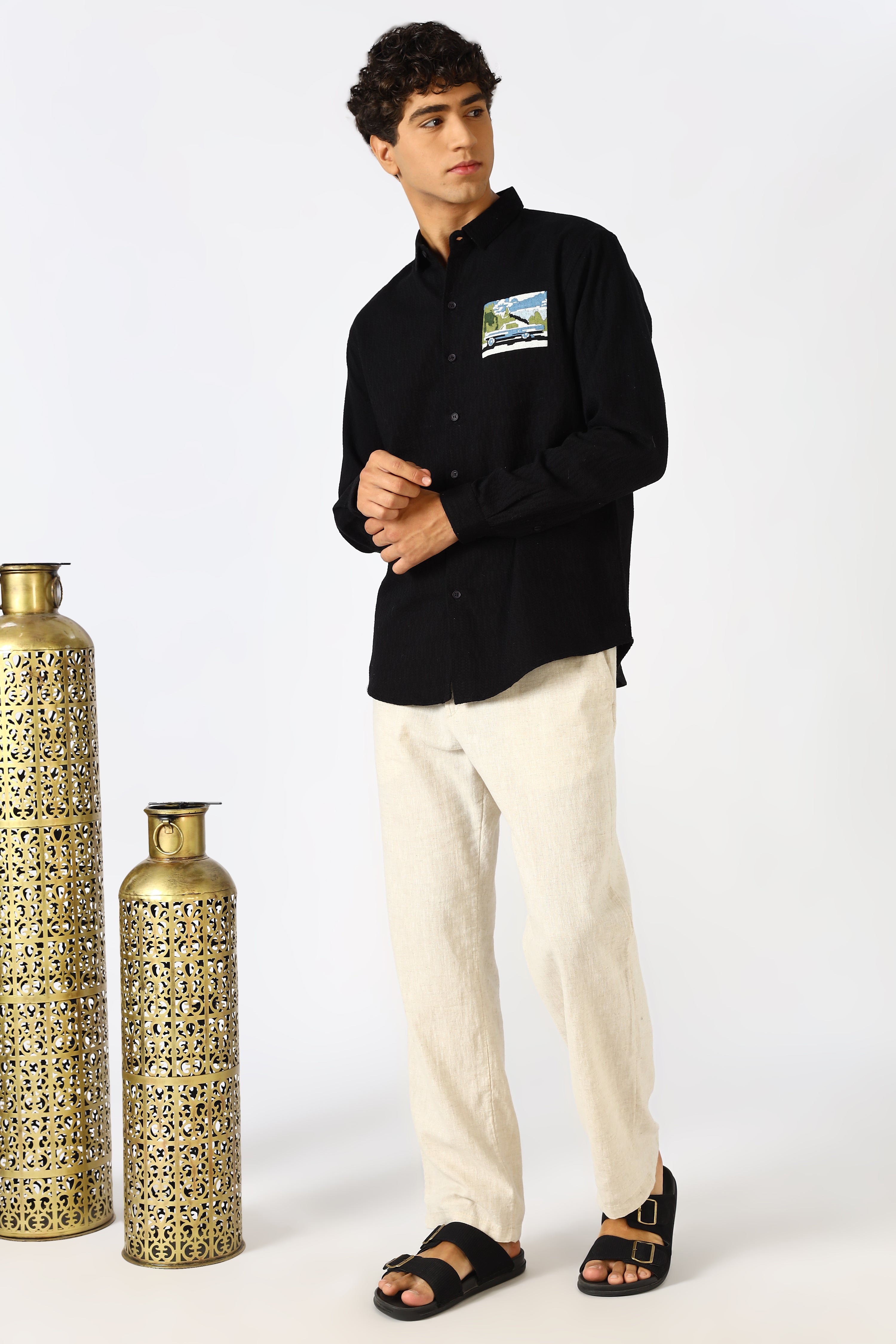 Coastal Drive Cotton Regular Fit Black Embroidered Shirt