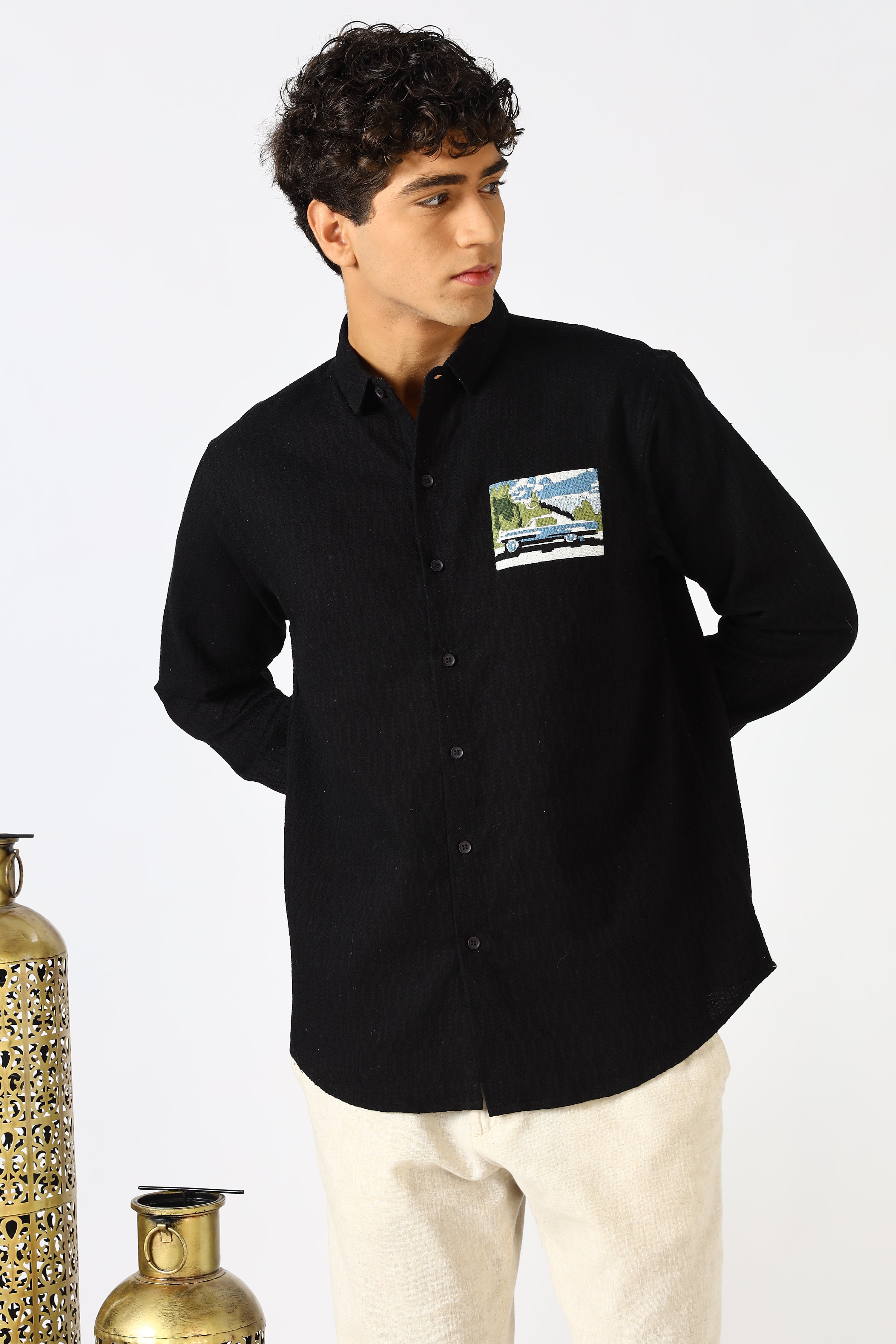 Coastal Drive Cotton Regular Fit Black Embroidered Shirt