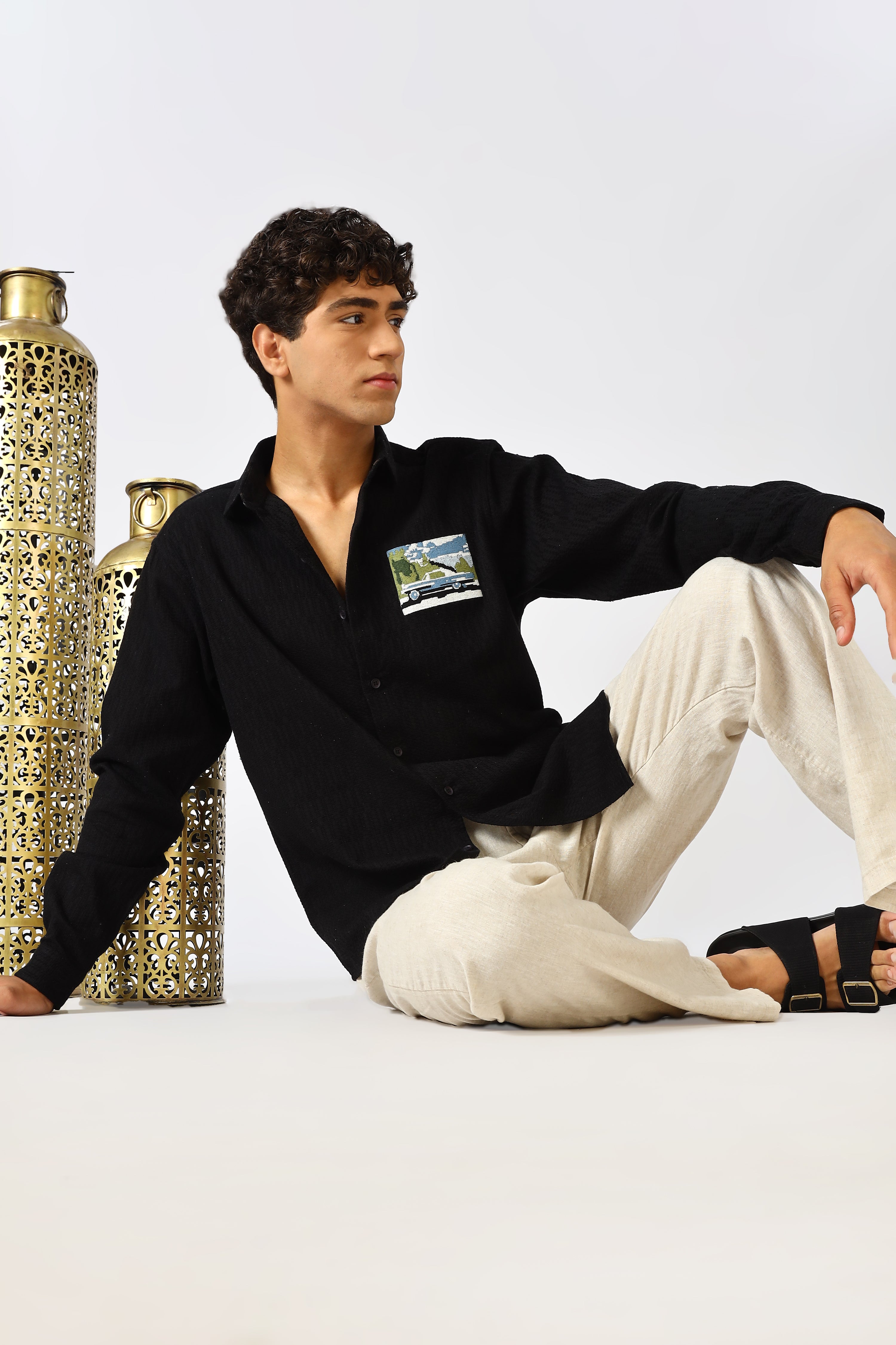 Coastal Drive Cotton Regular Fit Black Embroidered Shirt