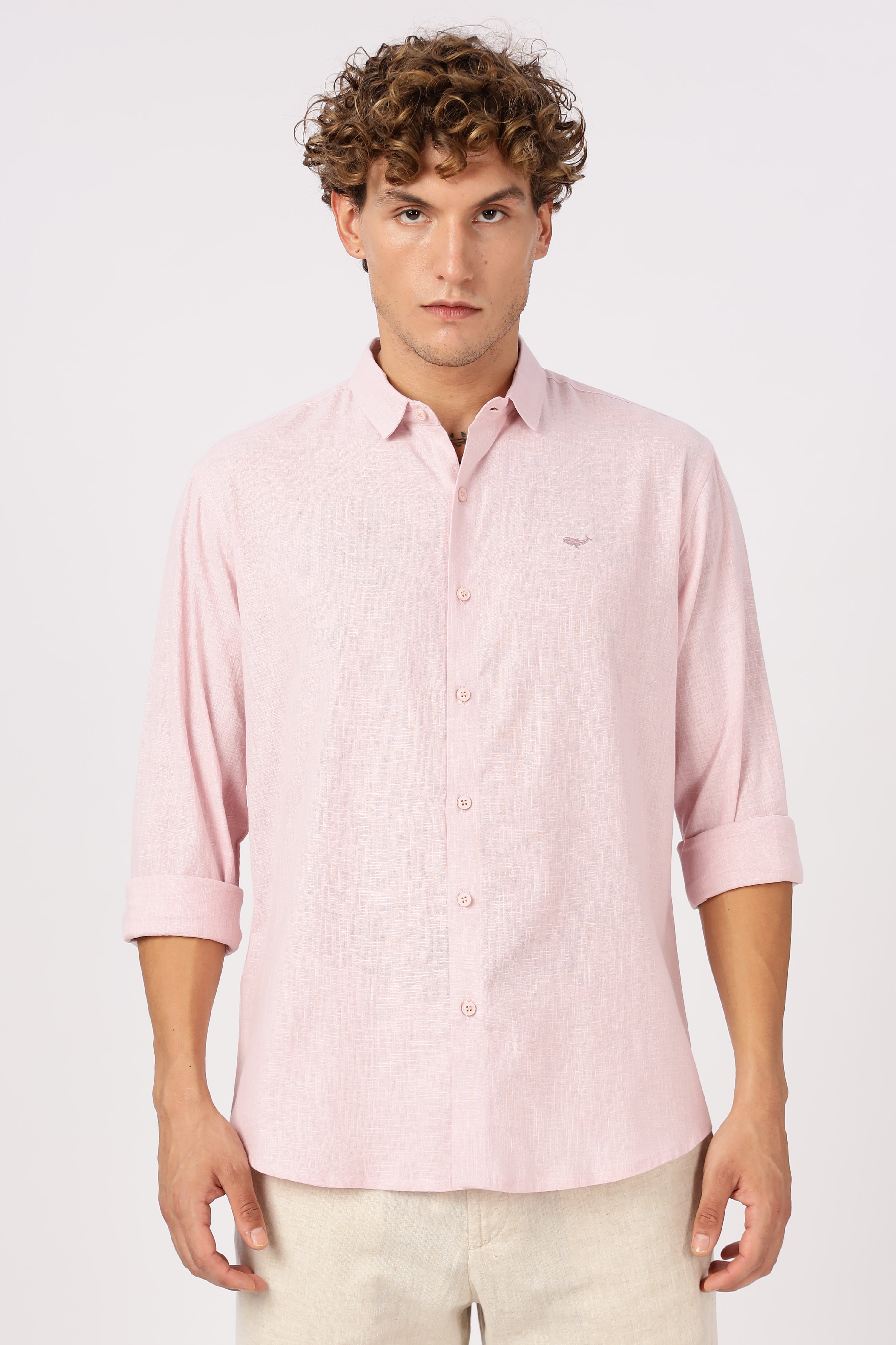 Rosé Blush Linen-Textured Long Sleeve Shirt